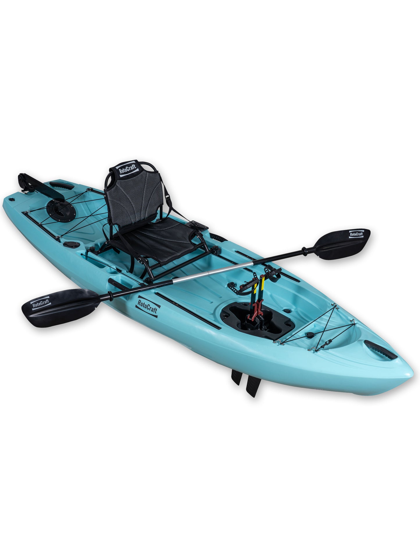 RotoCraft 10 foot single flipper pedal drive kayak, angle view with paddle - glacier blue