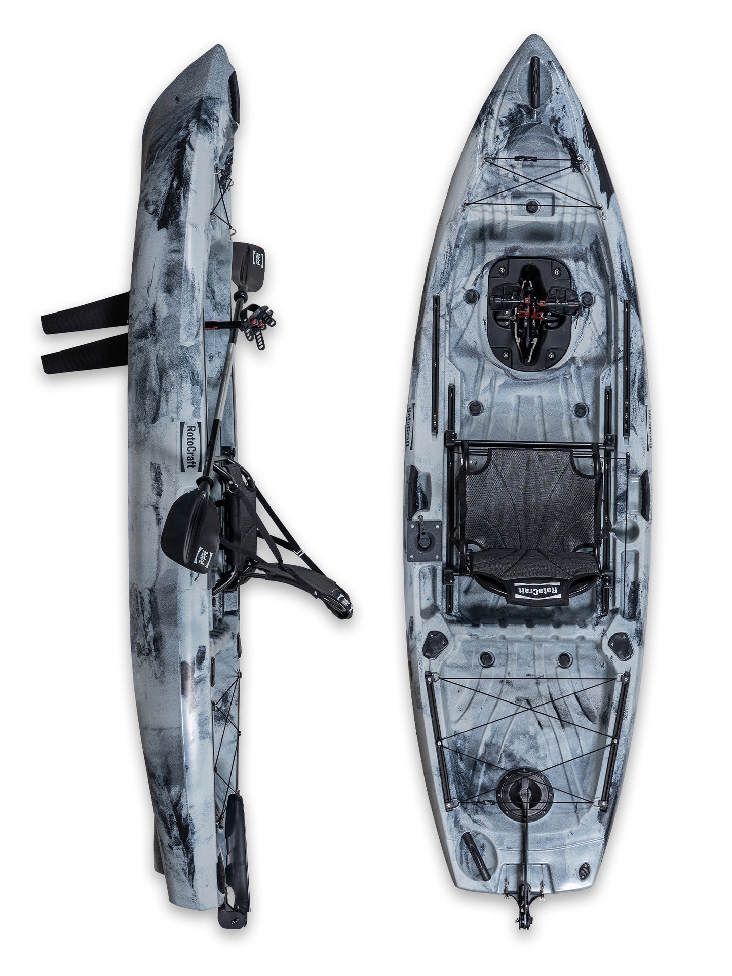 RotoCraft 10 foot single flipper pedal drive kayak, vertical and side views - granite grey with black accent