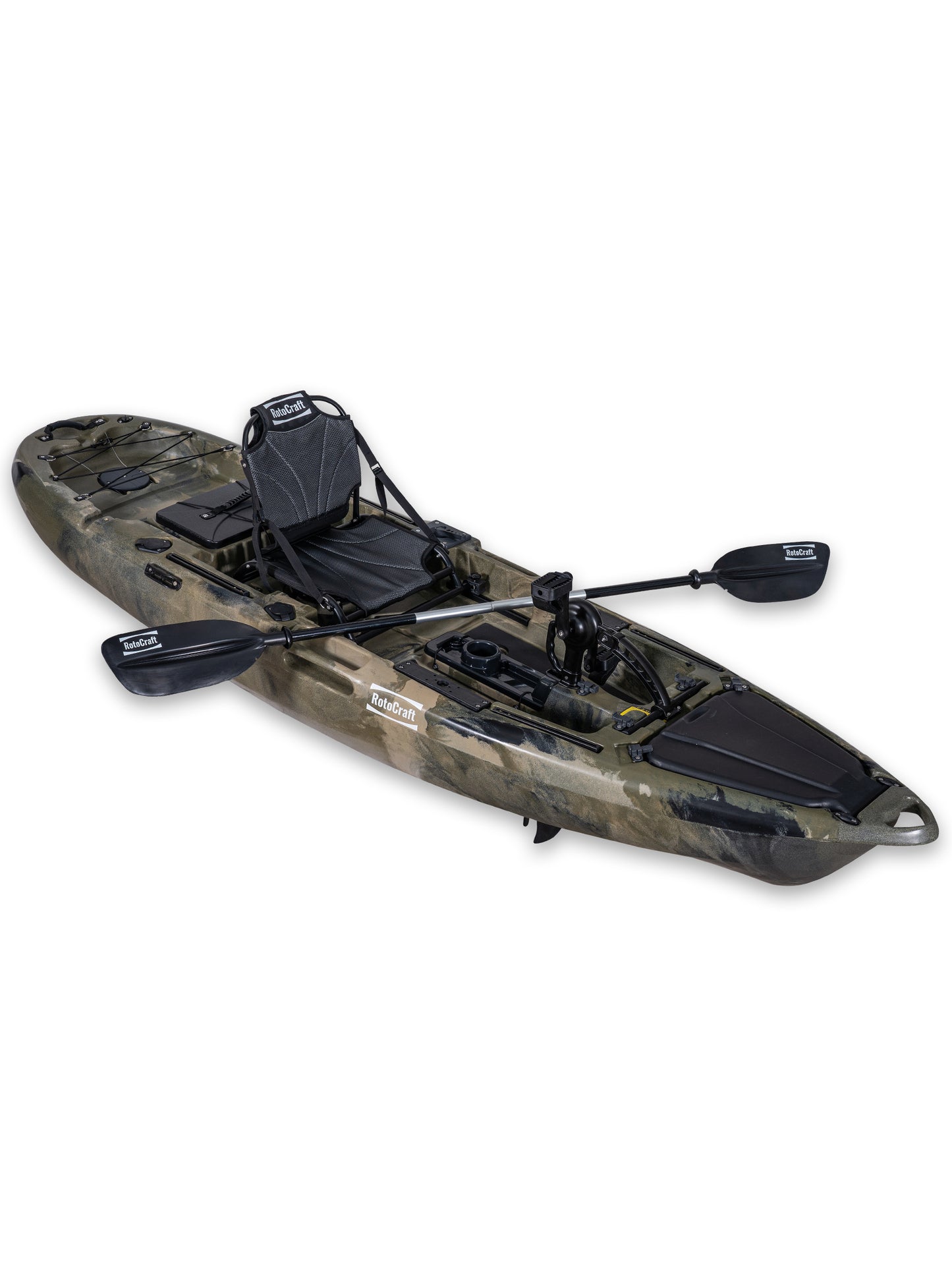 RotoCraft 10 foot single pedal drive kayak, angle view with paddle - camouflage
