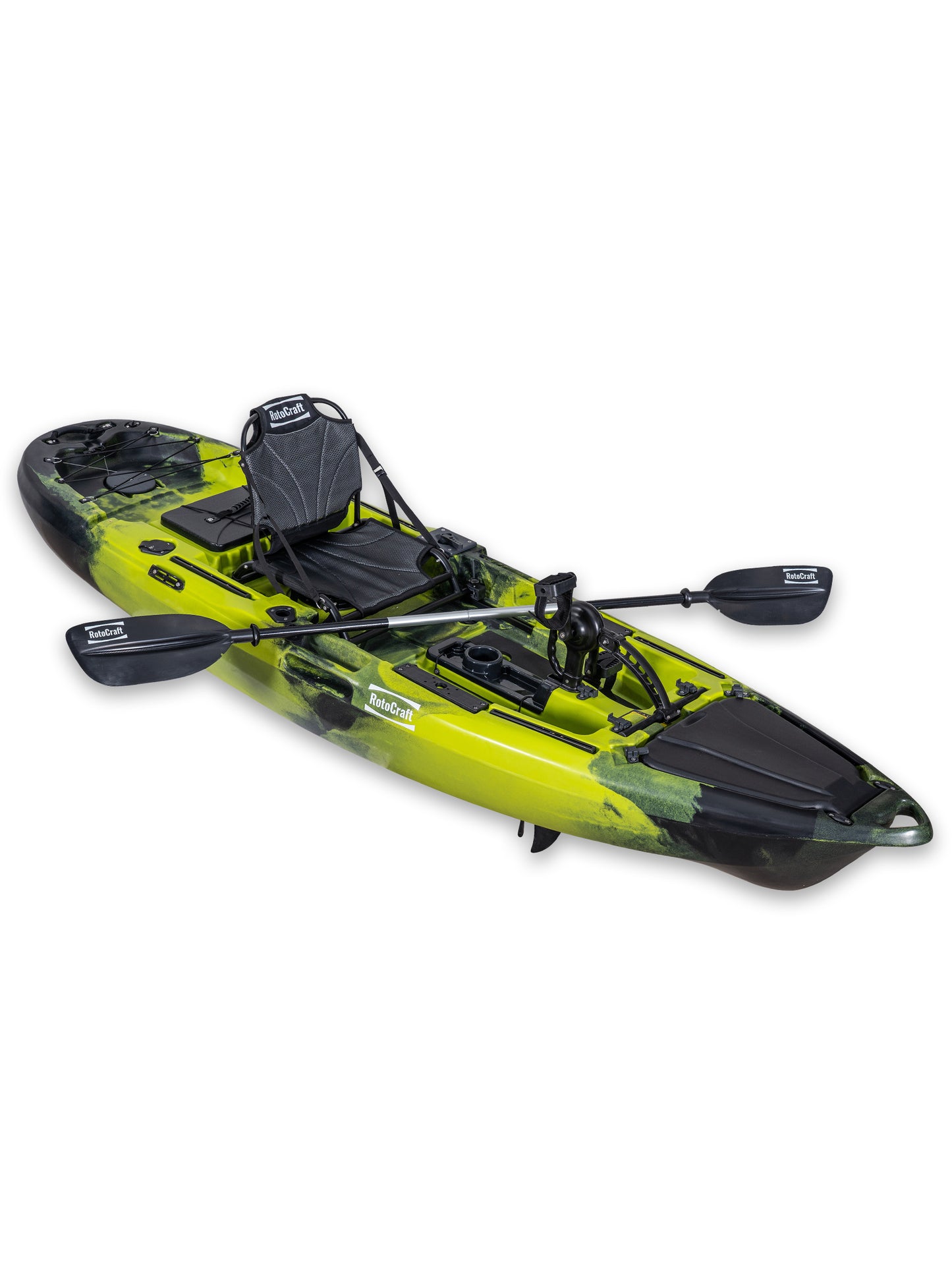 RotoCraft 10 foot single pedal drive kayak, angle view with paddle - gecko lime green with black accent