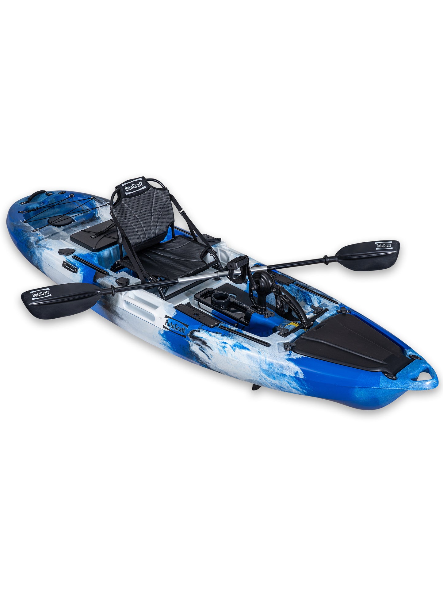 RotoCraft 10 foot single pedal drive kayak, angle view with paddle - oceana blue and white