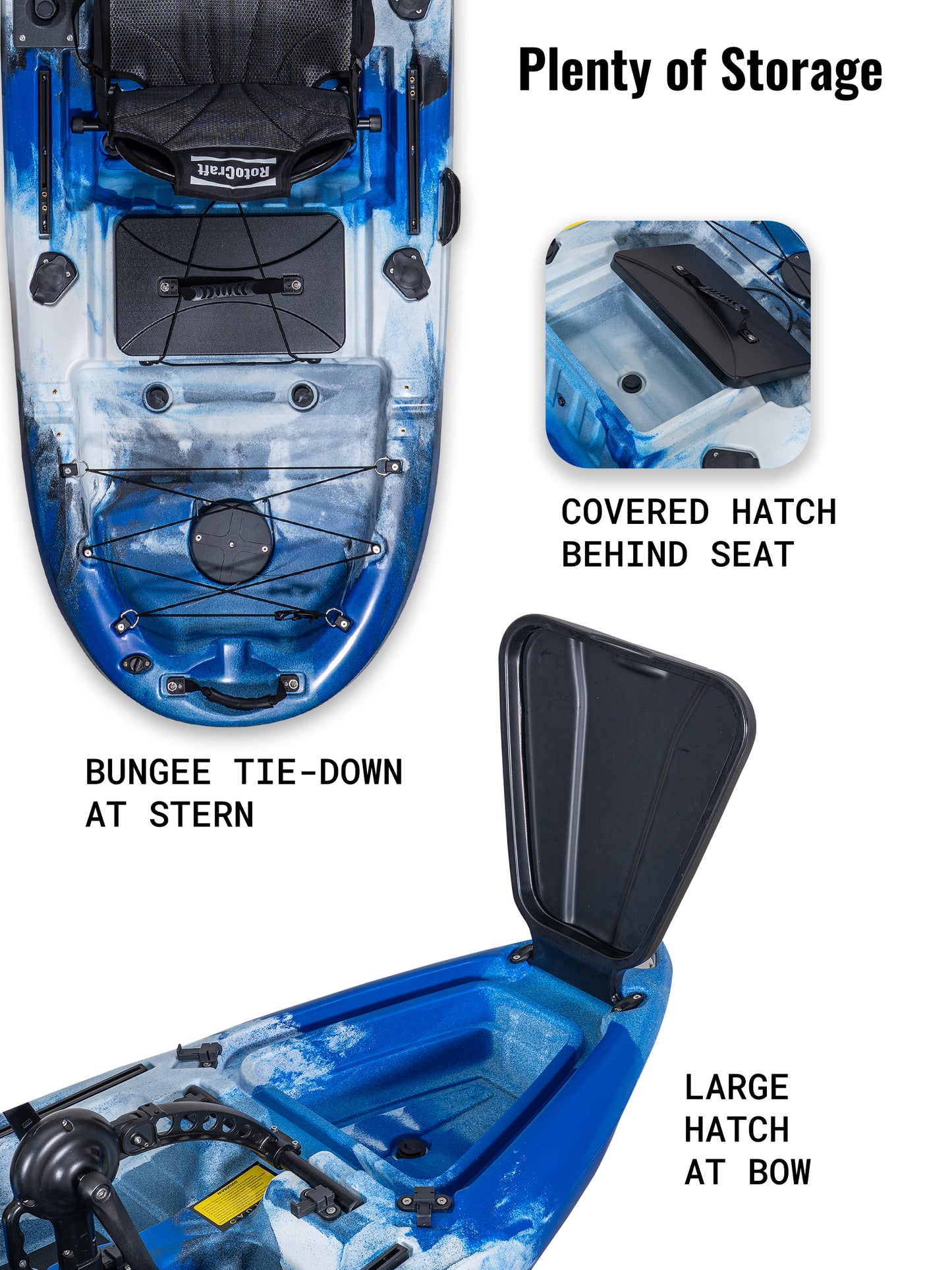RotoCraft 10 foot single pedal drive kayak, storage hatches - oceana blue and white