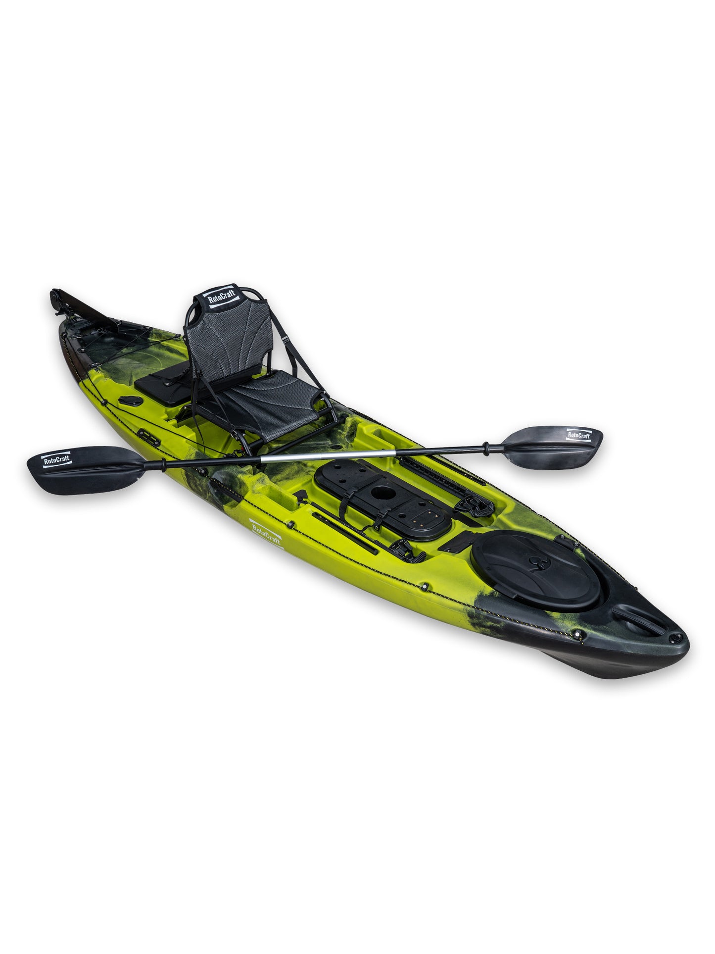 RotoCraft 11 foot single kayak, angle view with paddle - gecko lime green with black accent