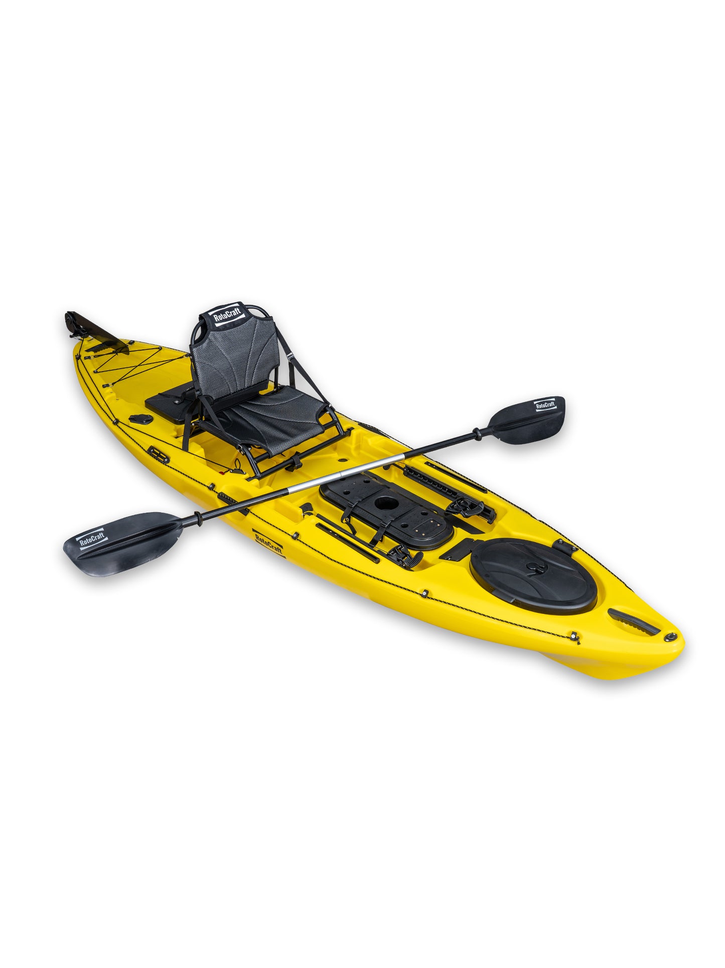 RotoCraft 11 foot single kayak, angle view with paddle - solar yellow
