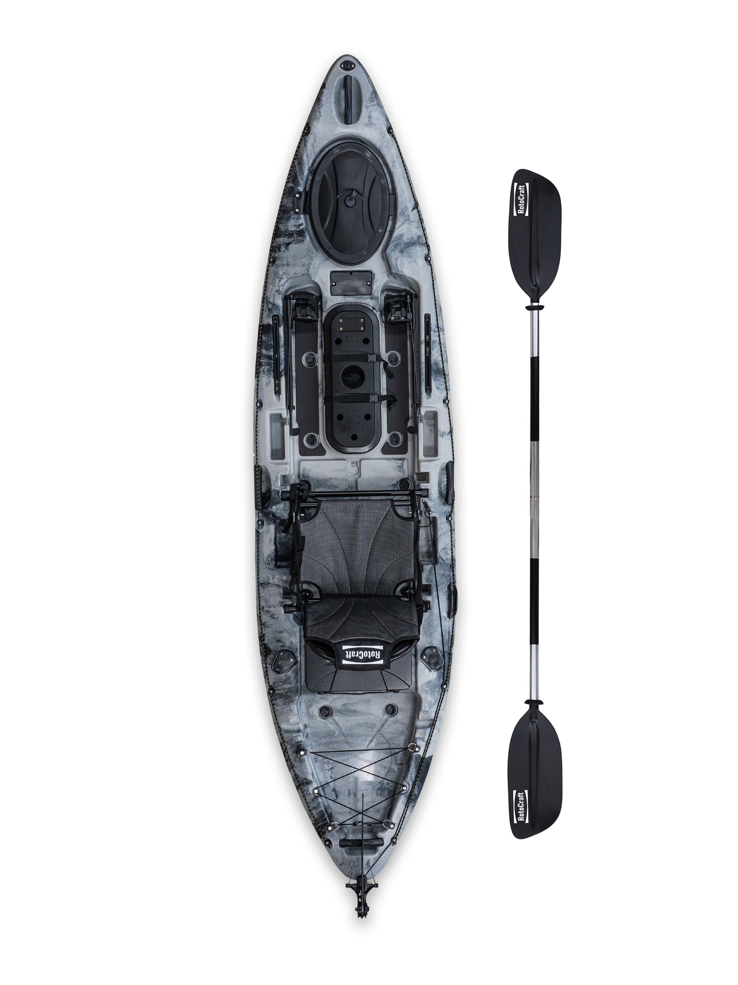 RotoCraft 11 foot single kayak, vertical view with paddle - granite grey with black accent