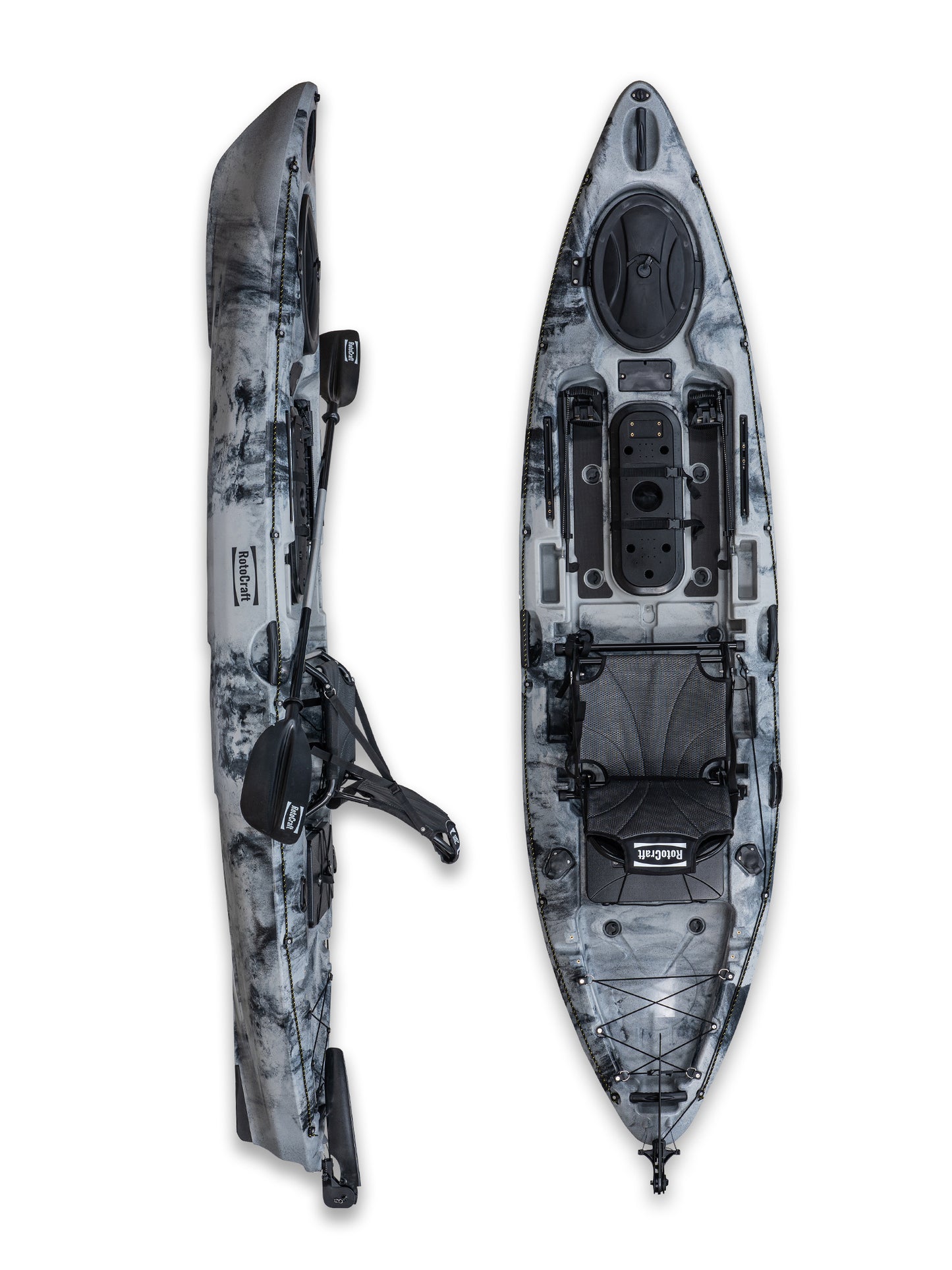 RotoCraft 11 foot single kayak, vertical and side view - granite grey with black accent