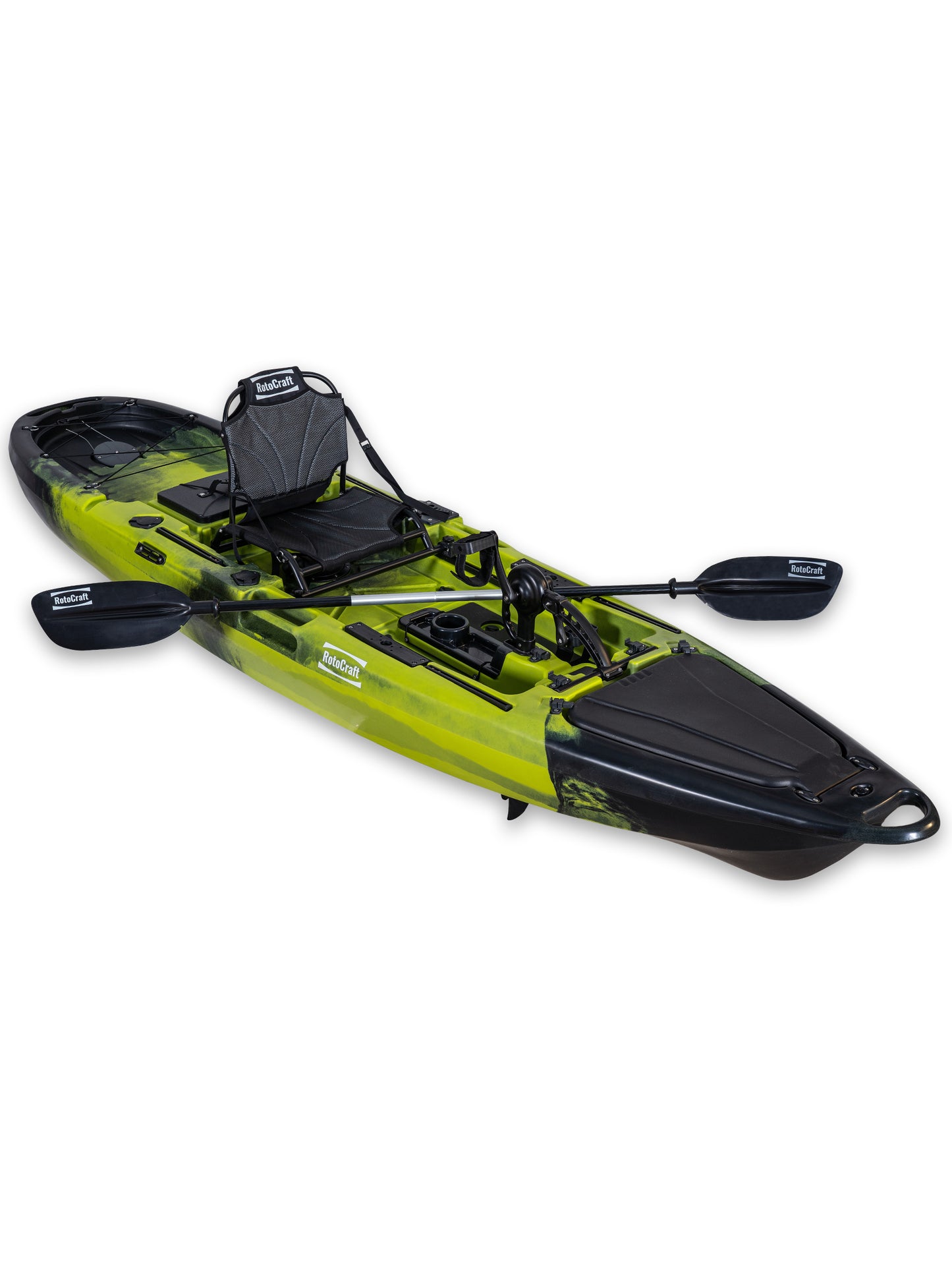RotoCraft 12 foot Pro Single Pedal Kayak, angle view with paddle- gecko