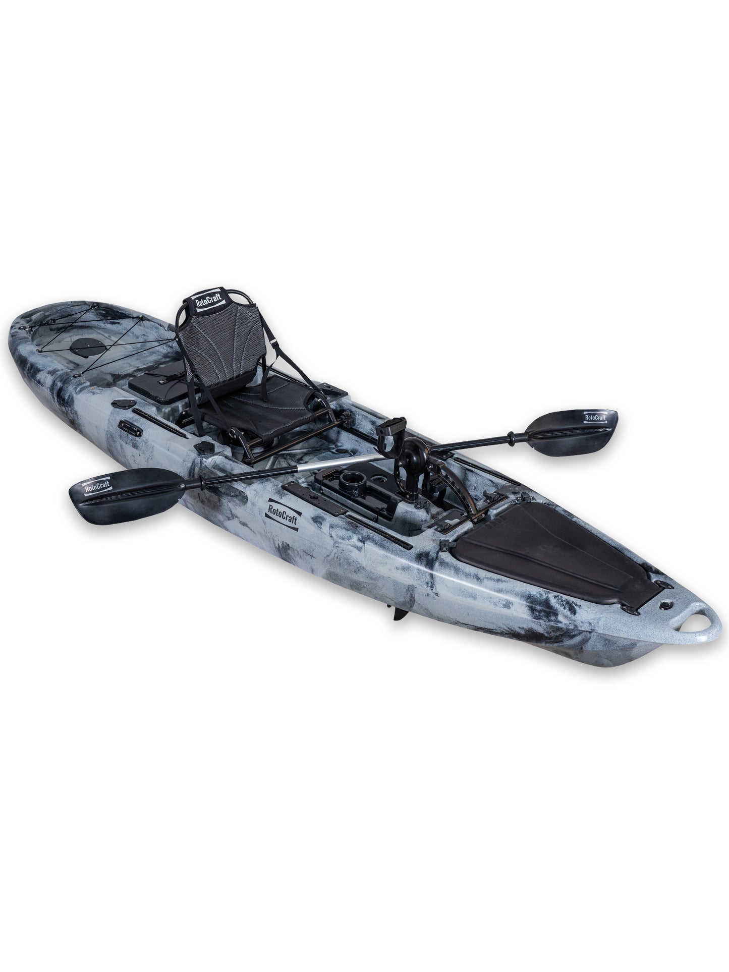 RotoCraft 12 foot Pro Single Pedal Kayak, angle view with paddle- granite