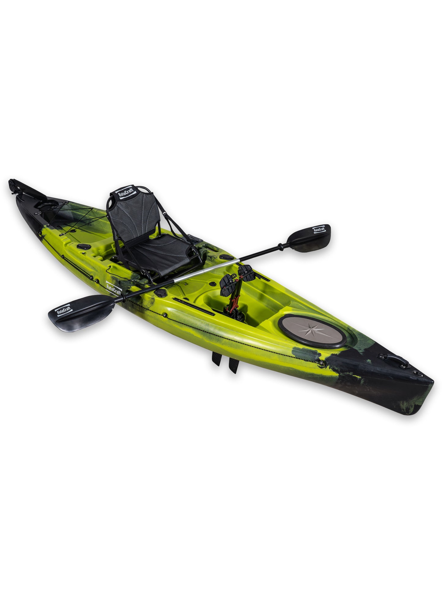 RotoCraft 12 foot single pedal flipper drive kayak, angle view with paddle - gecko lime green with black accent