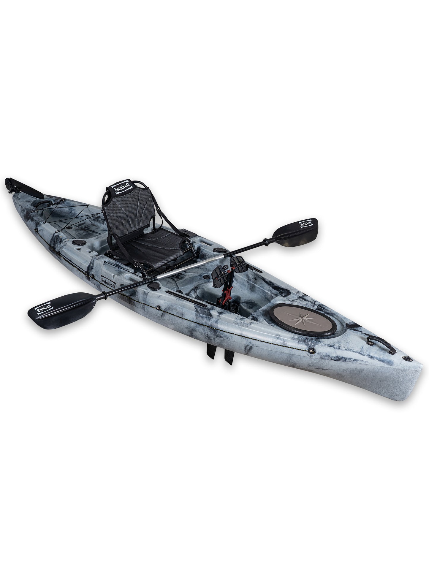 RotoCraft 12 foot single pedal flipper drive kayak, angle view with paddle - granite grey with black accent