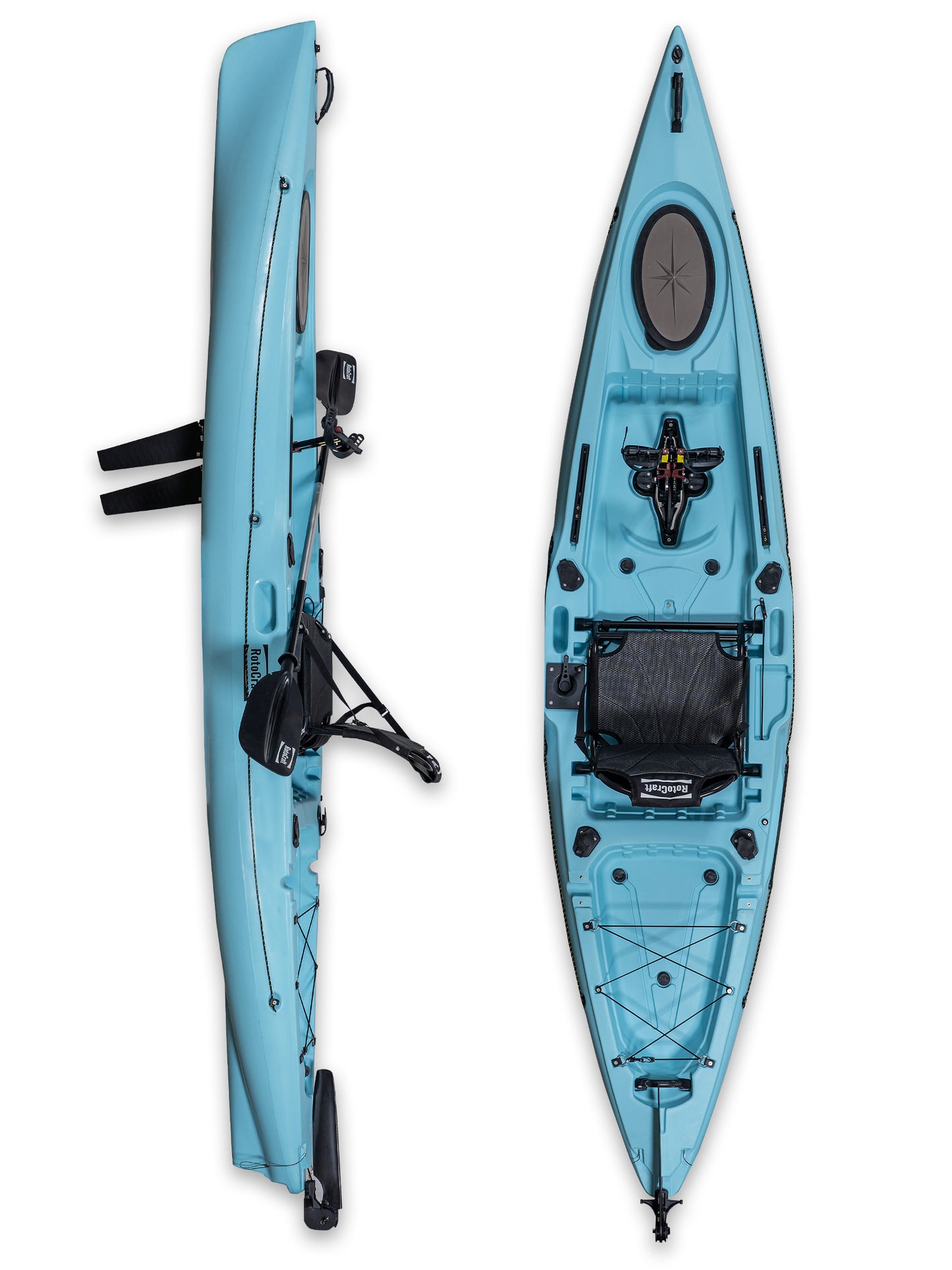 RotoCraft 12 foot single pedal flipper drive kayak, vertical and side view- glacier blue