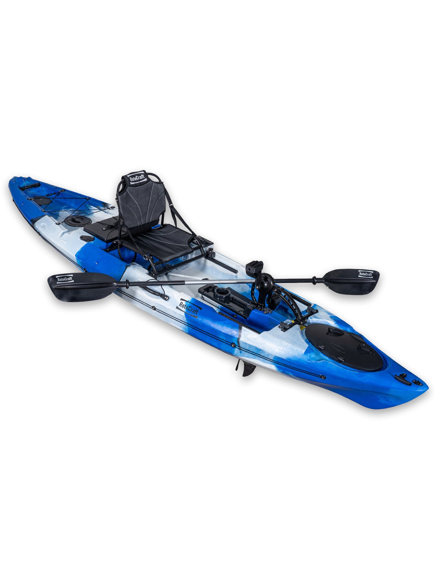 RotoCraft 12 foot Single Pedal Kayak, angle view with paddle - oceana