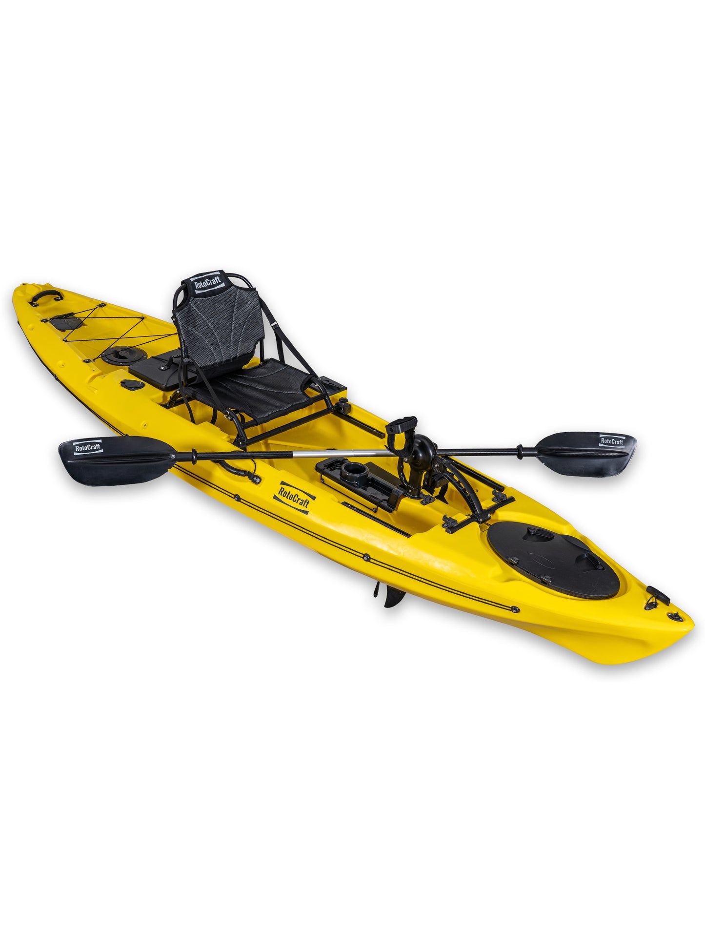 RotoCraft 12 foot Single Pedal Kayak, angle view with paddle - gecko