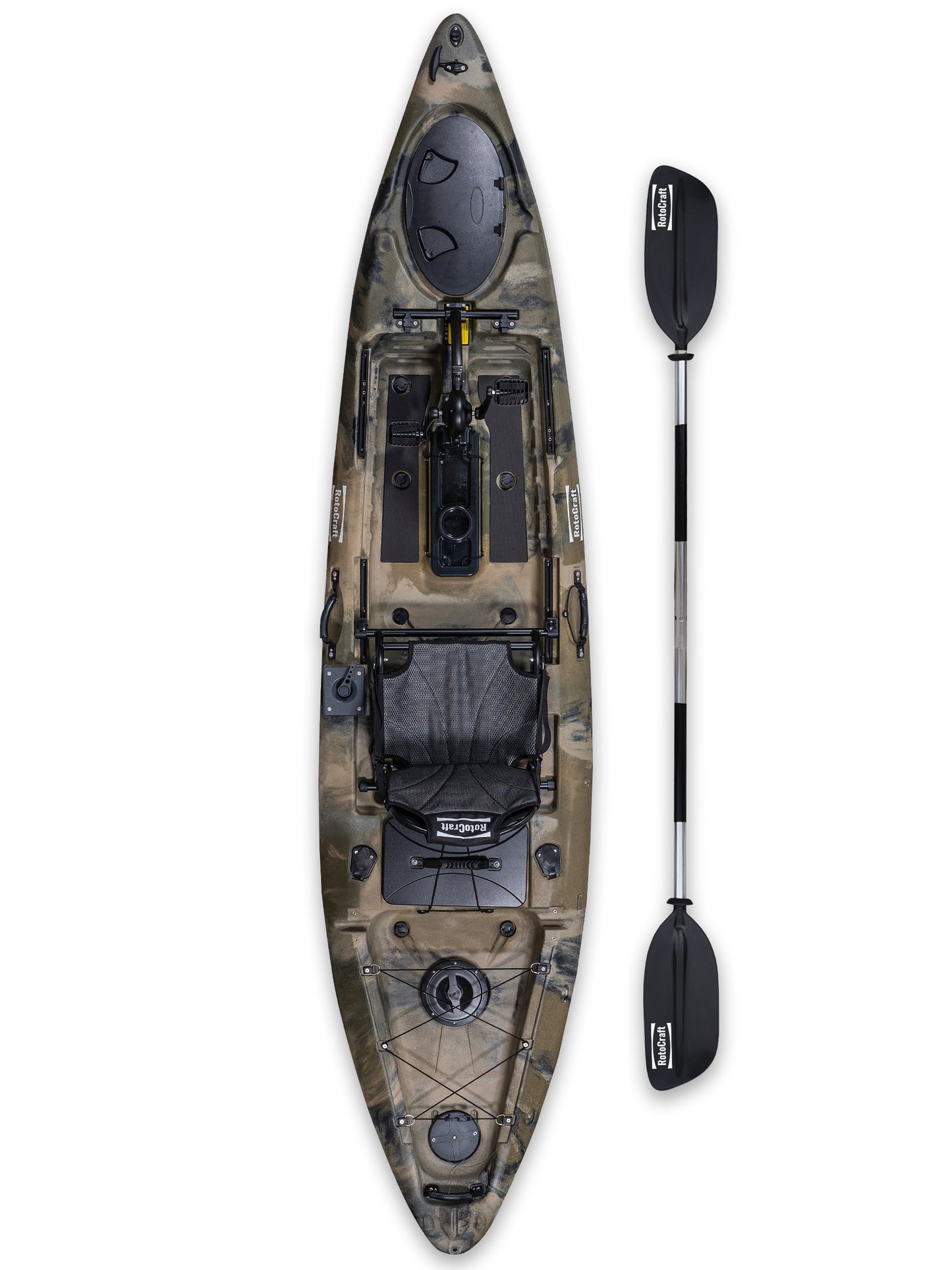 RotoCraft 12 foot Single Pedal Kayak, vertical view with paddle - camouflage