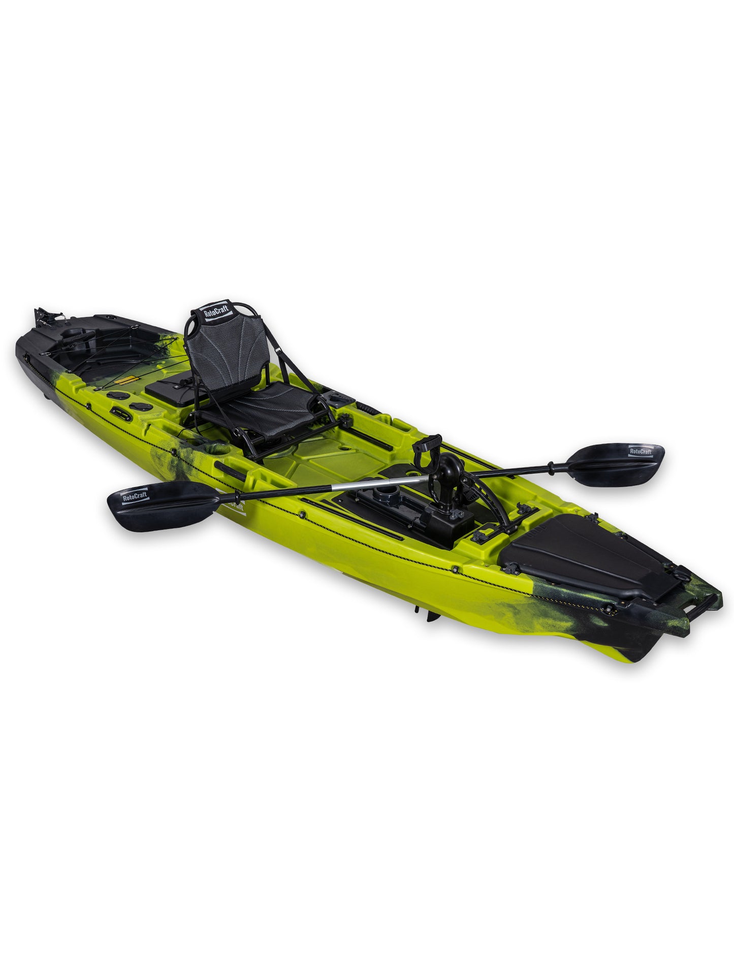 RotoCraft 12 foot Single Pedal or Flipper Kayak, angle view with paddle - gecko