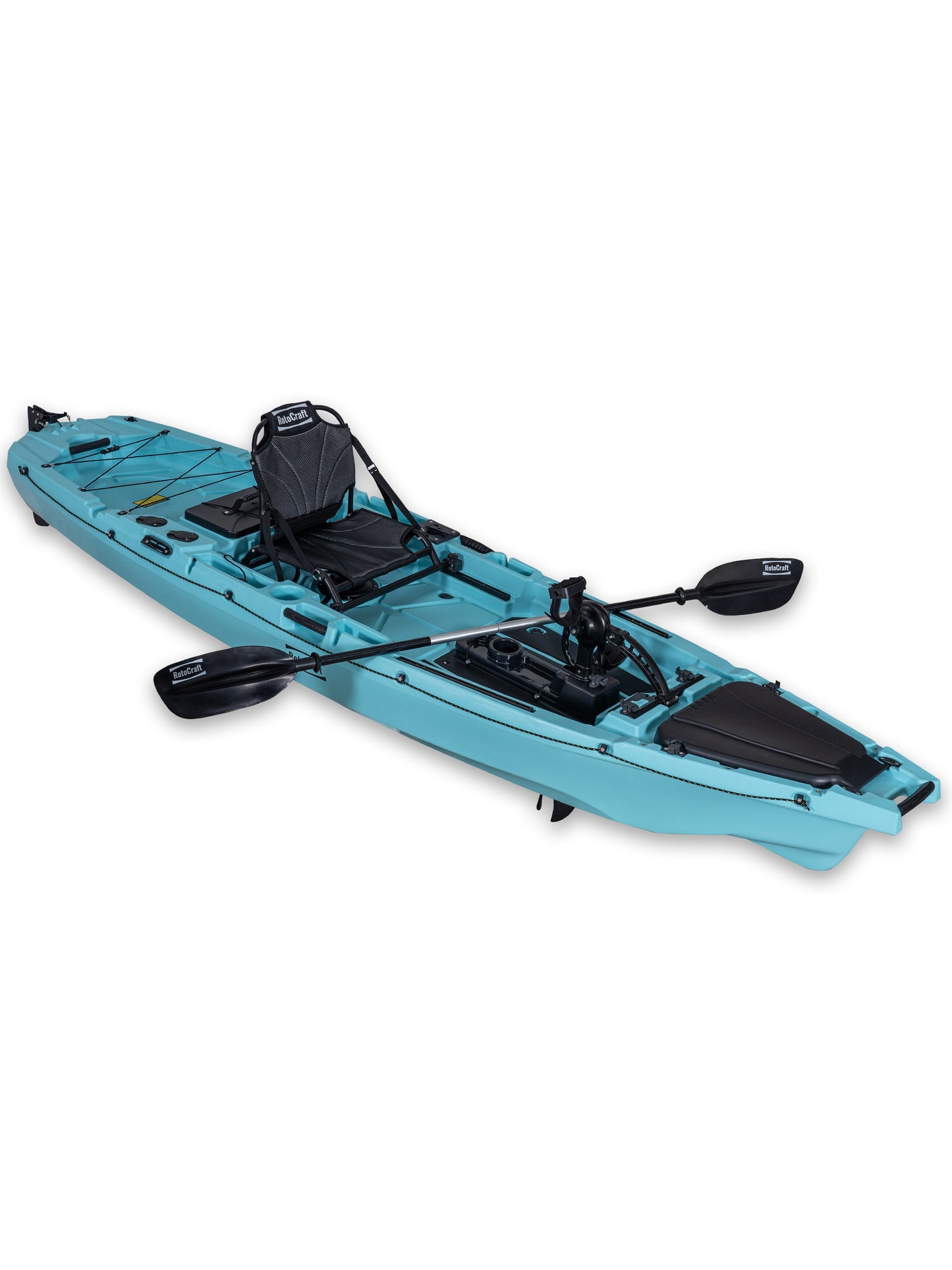 RotoCraft 12 foot Single Pedal or Flipper Kayak, angle view with paddle - glacier