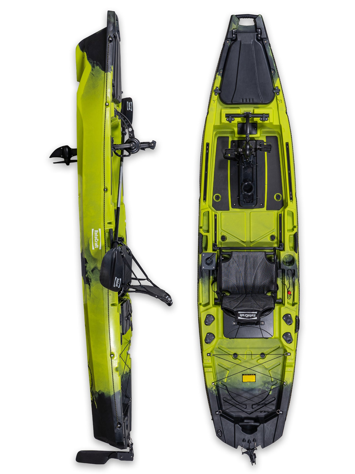RotoCraft 12 foot Single Pedal or Flipper Kayak, vertical and side views - gecko