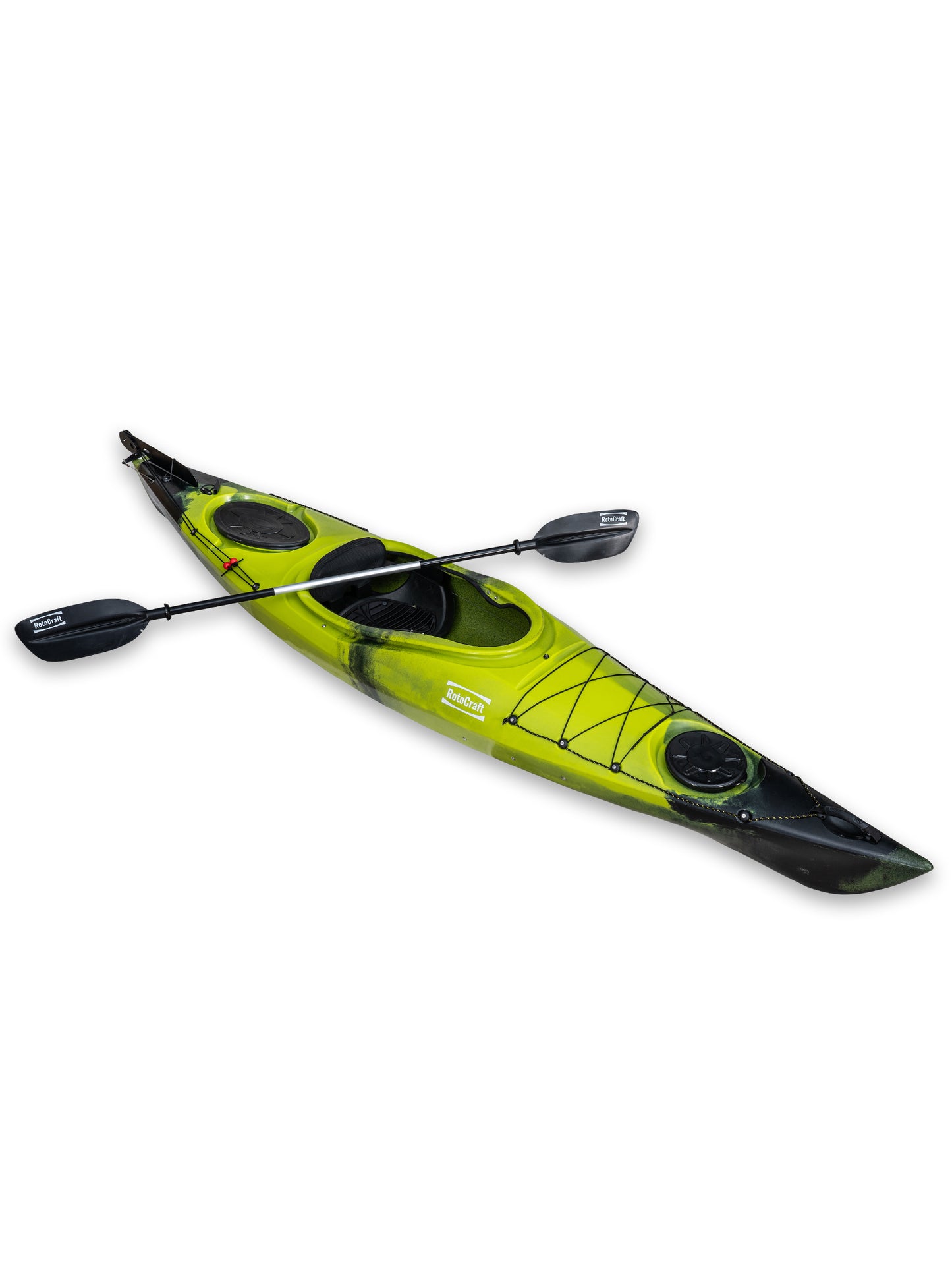 RotoCraft 12 foot single sit-in kayak, angle view with paddle - gecko lime green with black accent