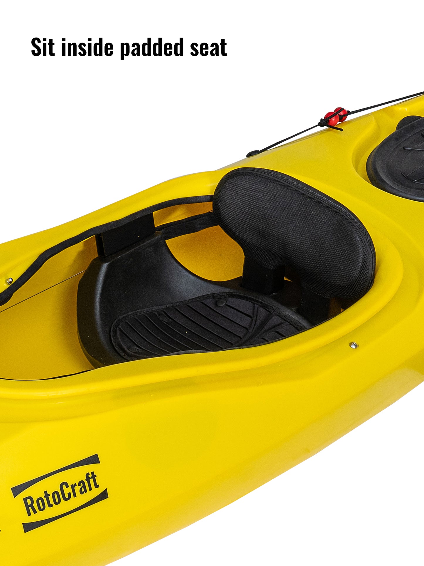 RotoCraft 12 foot single sit-in kayak, padded seat view - solar yellow