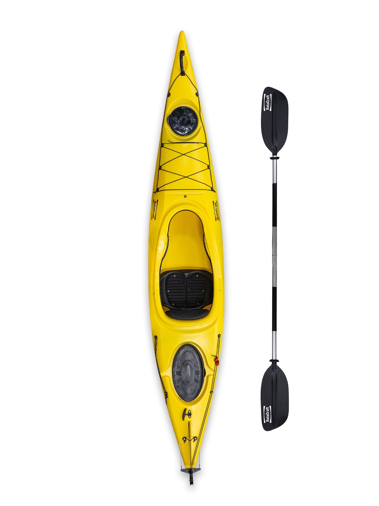 RotoCraft 12 foot single sit-in kayak, overhead view with paddle - solar