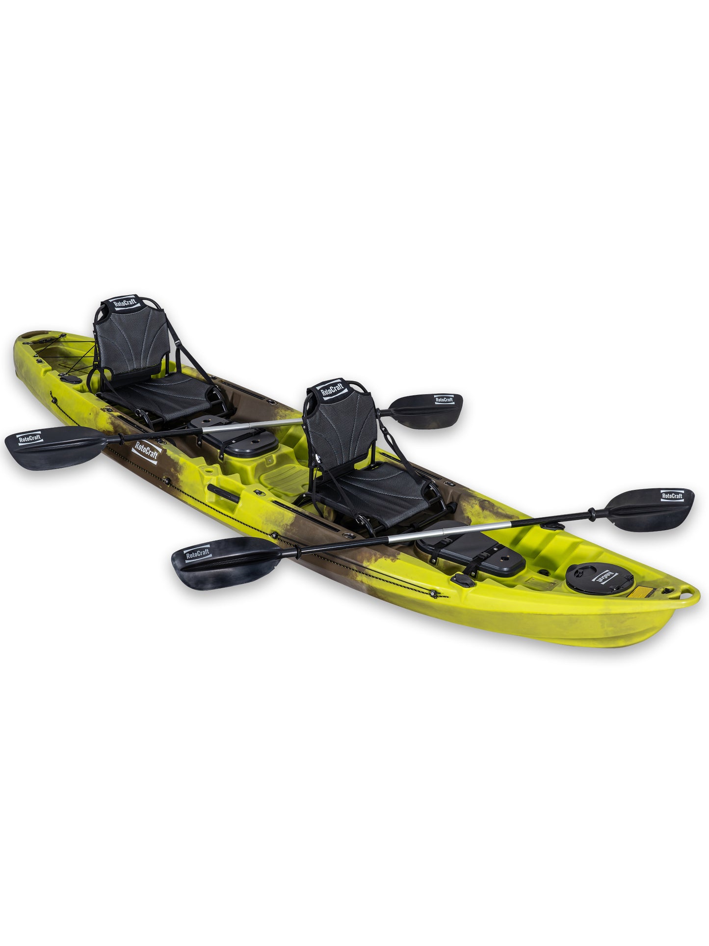 RotoCraft 12.5 foot pro tandem two person kayak, angle view with paddles - gecko lime green with brown accent