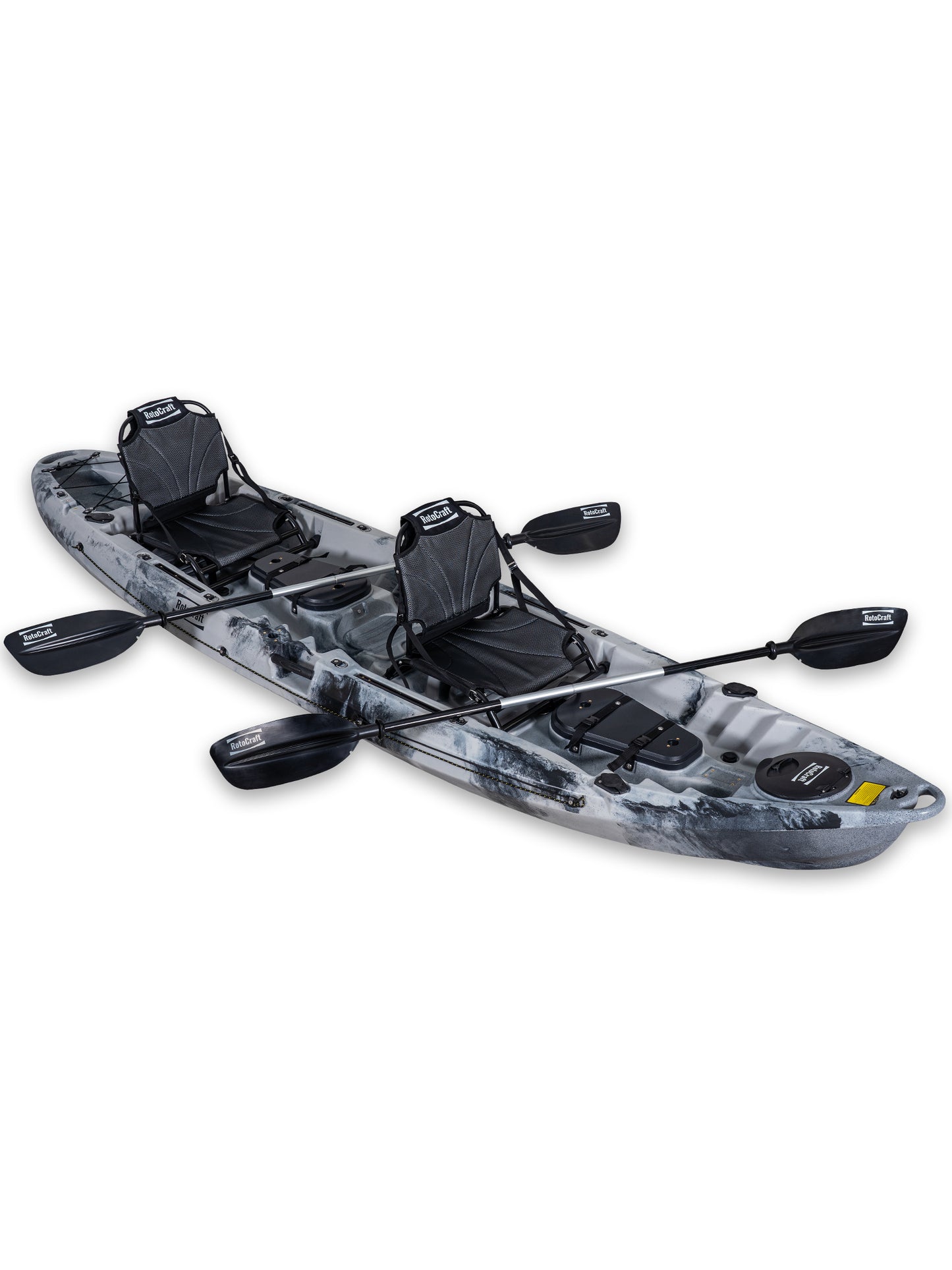 RotoCraft 12.5 foot pro tandem two person kayak, angle view with paddles - granite grey with black accent