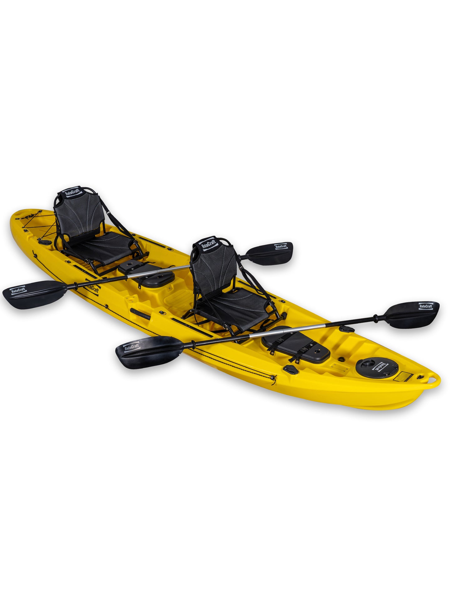 RotoCraft 12.5 foot pro tandem two person kayak, angle view with paddles - solar yellow