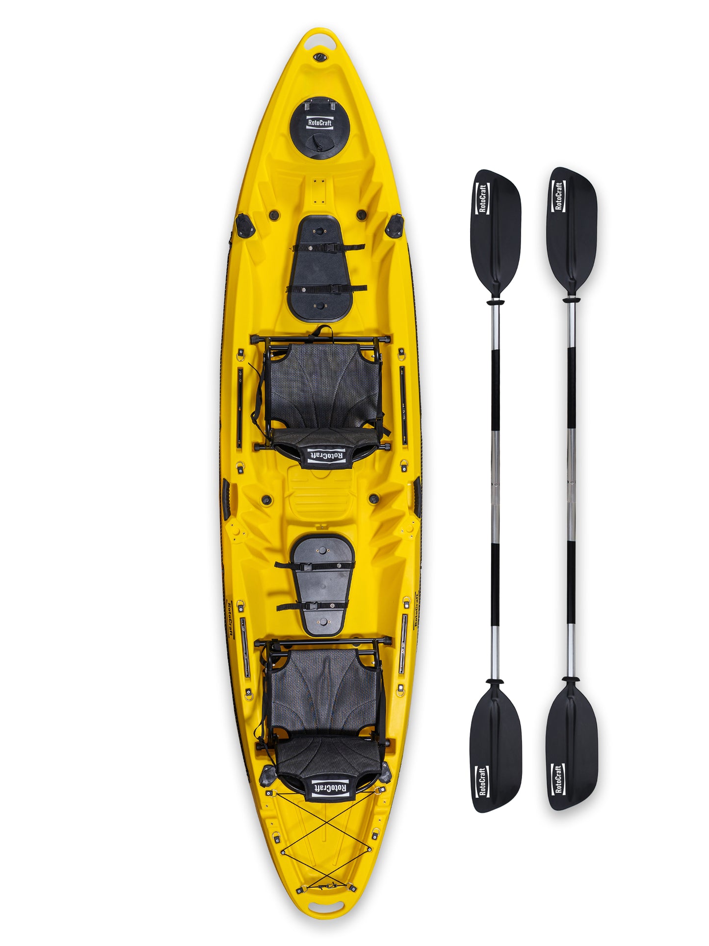 RotoCraft 12.5 foot pro tandem kayak, overhead view with paddles - solar yellow