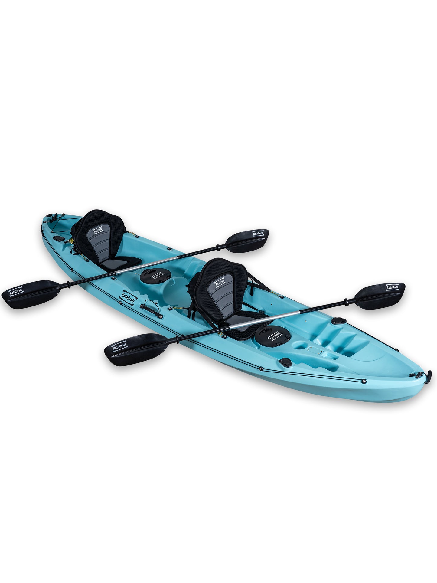RotoCraft 12.5 foot tandem two person kayak, angle view with paddles - glacier blue