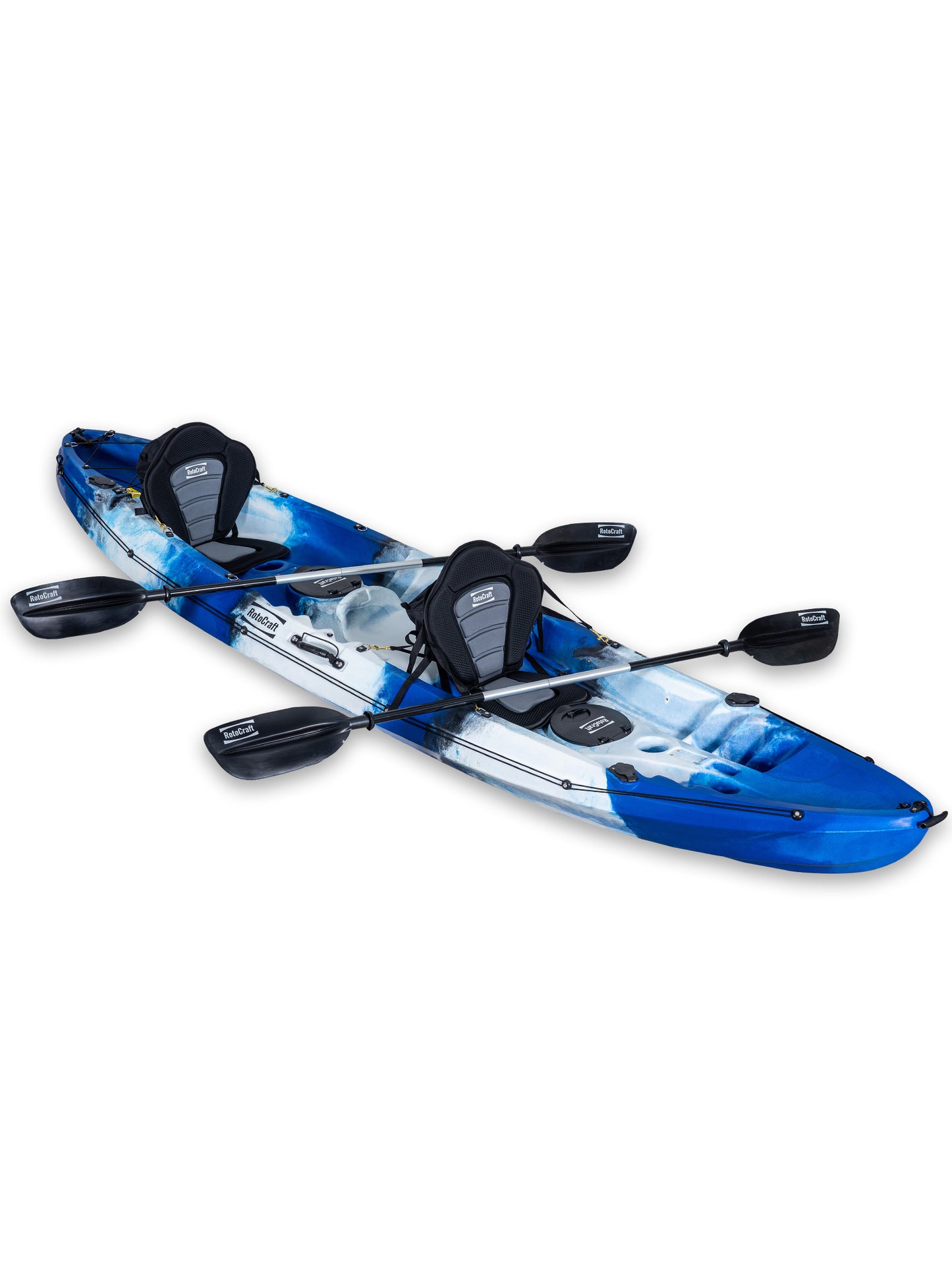 RotoCraft 12.5 foot tandem kayak, angle view with paddles - oceana blue with white