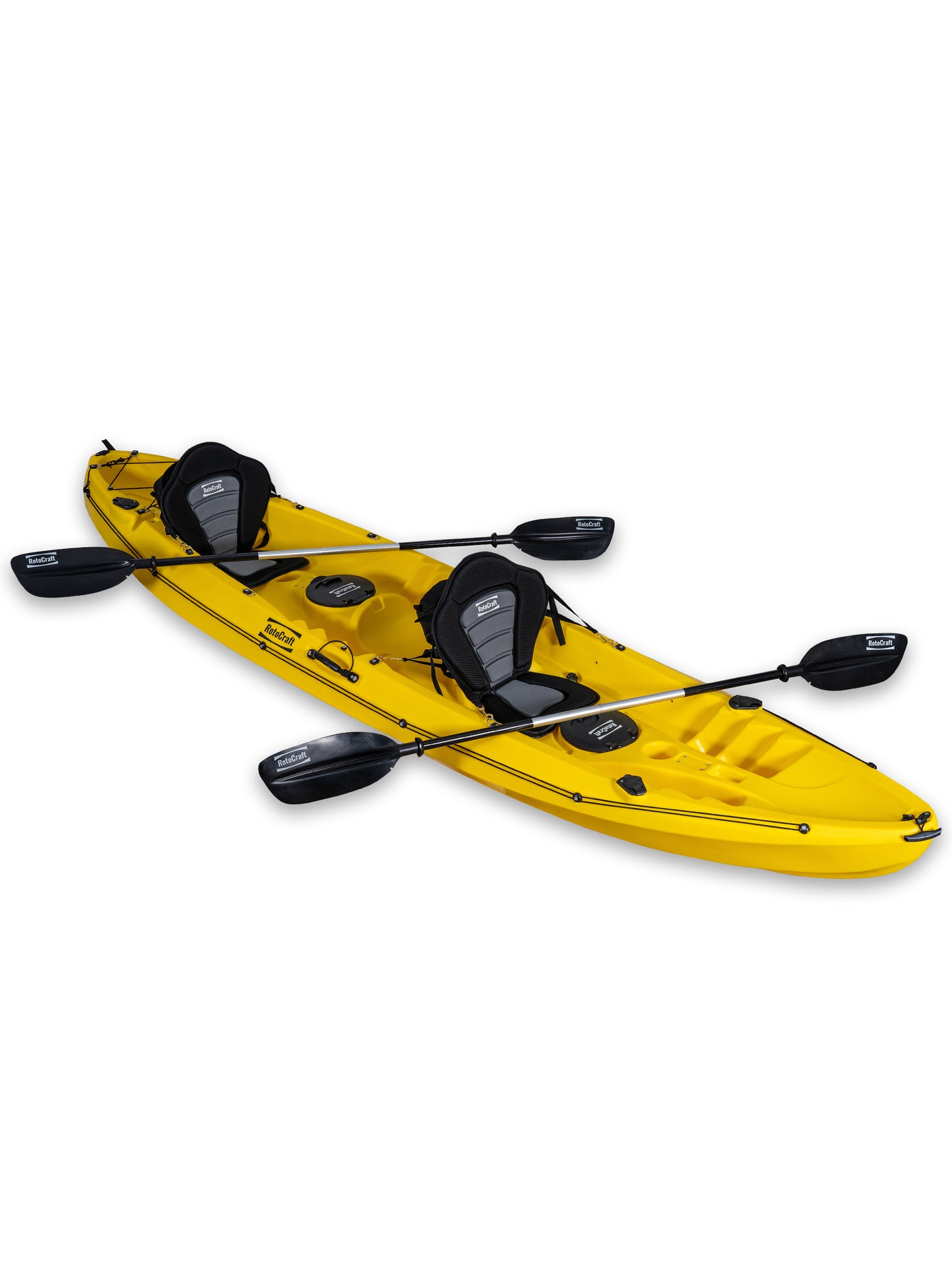RotoCraft 12.5 foot tandem two person kayak, angle view with paddles - solar yellow