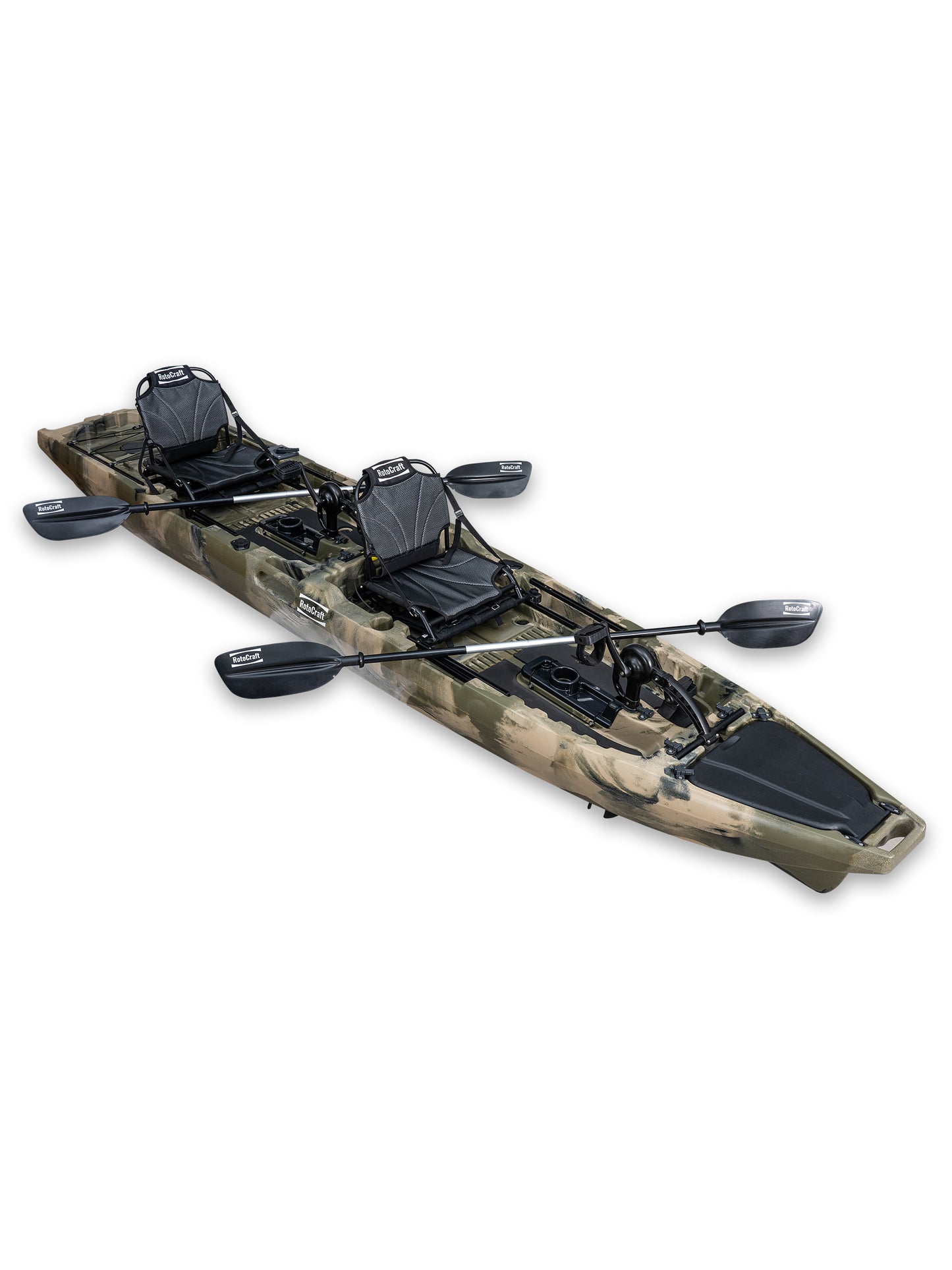 RotoCraft 14 foot Pro Tandem Pedal Kayak, angle view with paddles- camouflage