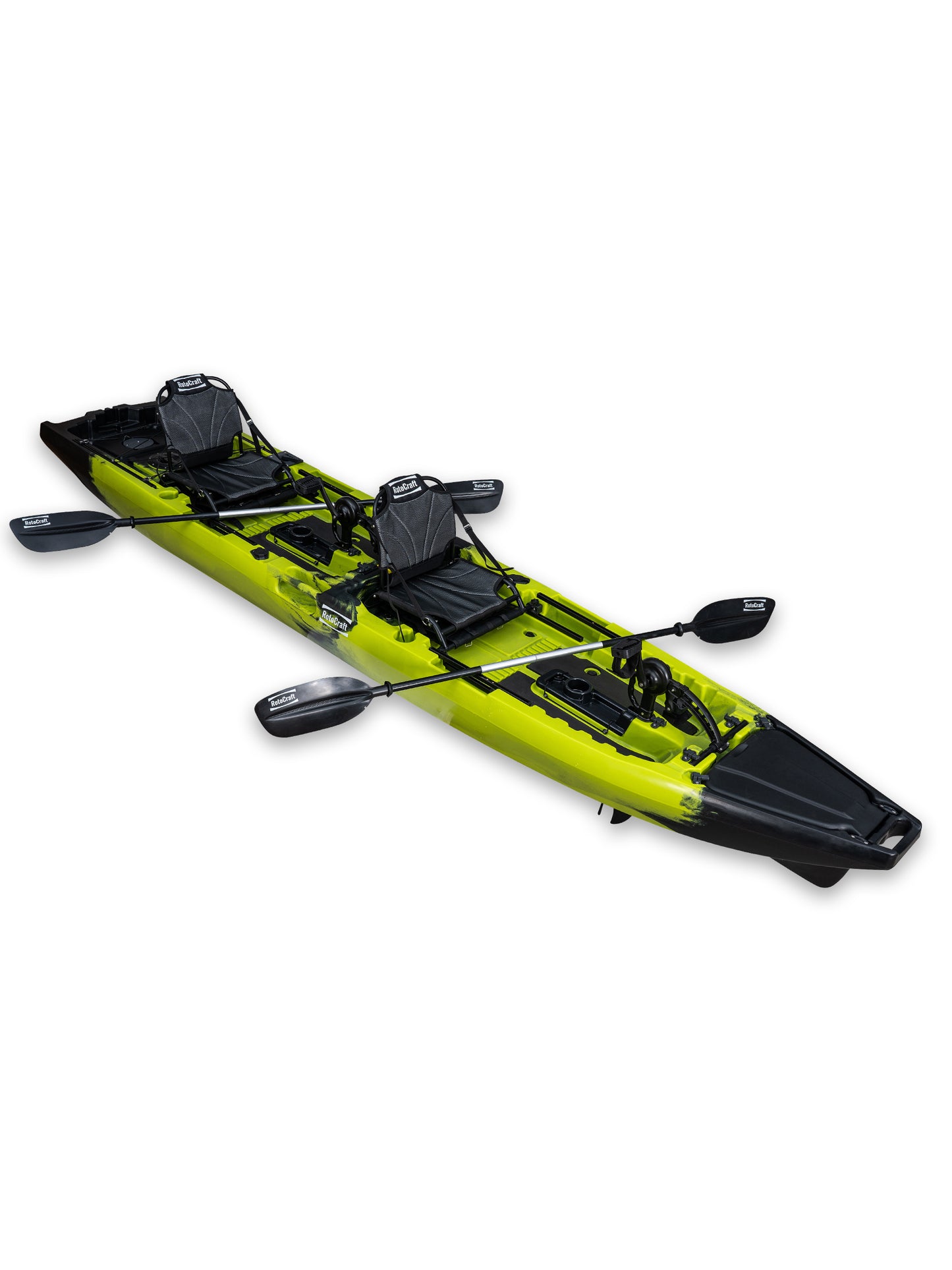 RotoCraft 14 foot Pro Tandem Pedal Kayak,angle view with paddles- gecko