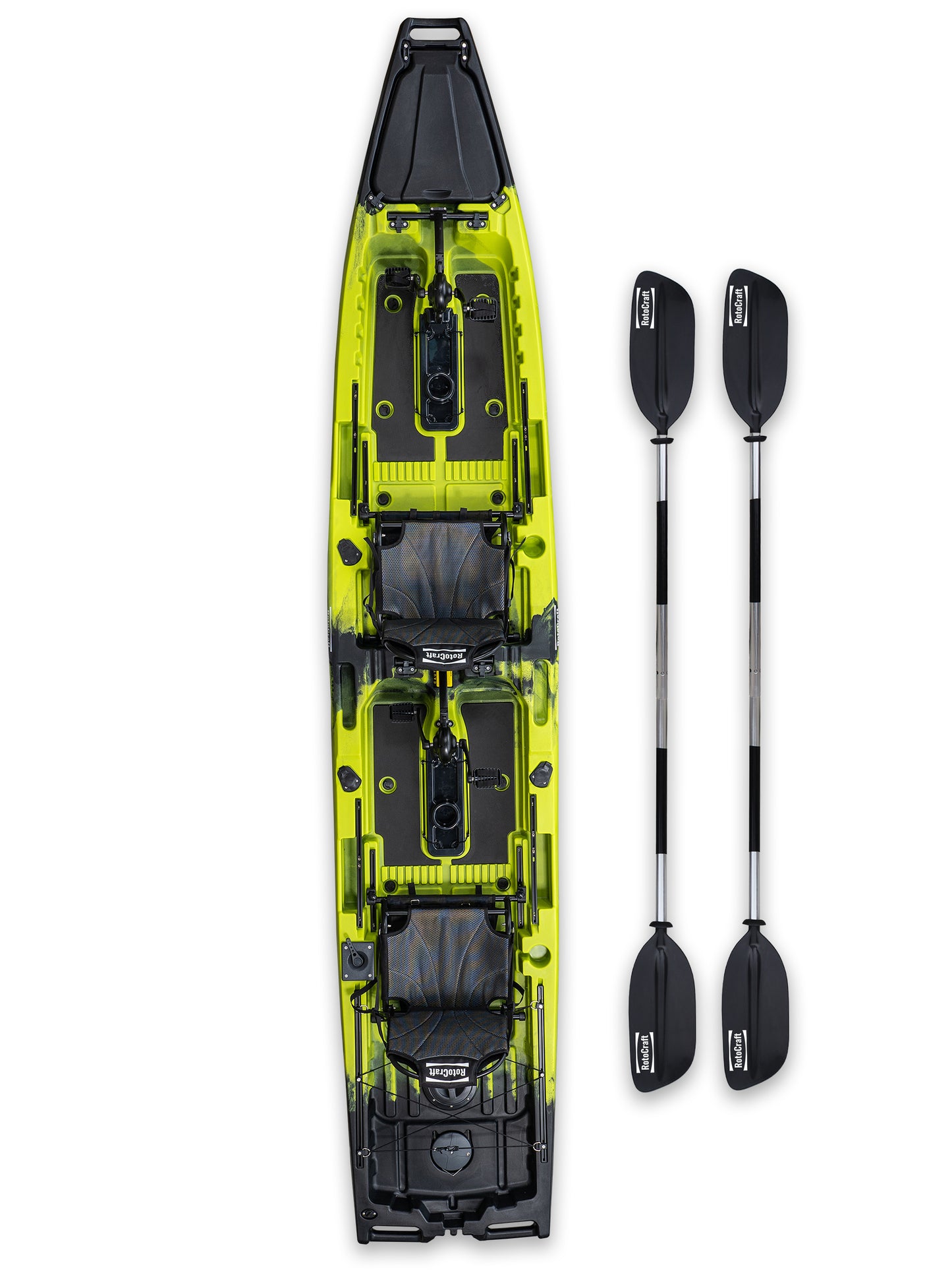 RotoCraft 14 foot Pro Tandem Pedal Kayak, overhead view with paddles- gecko