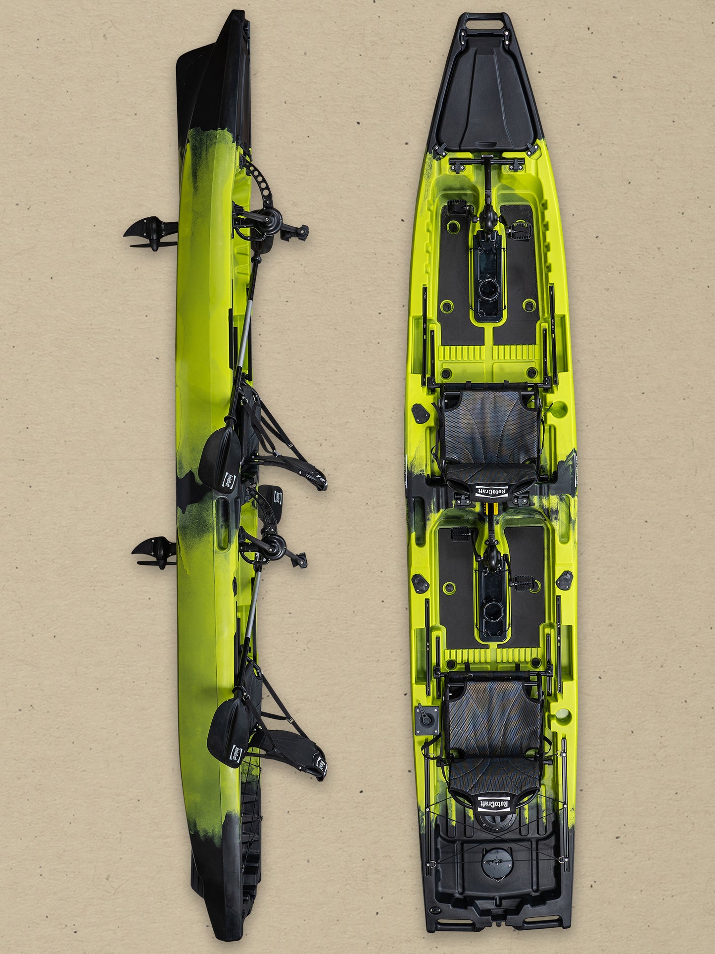RotoCraft 14 foot Pro Tandem Pedal Kayak, overhead and side views- gecko