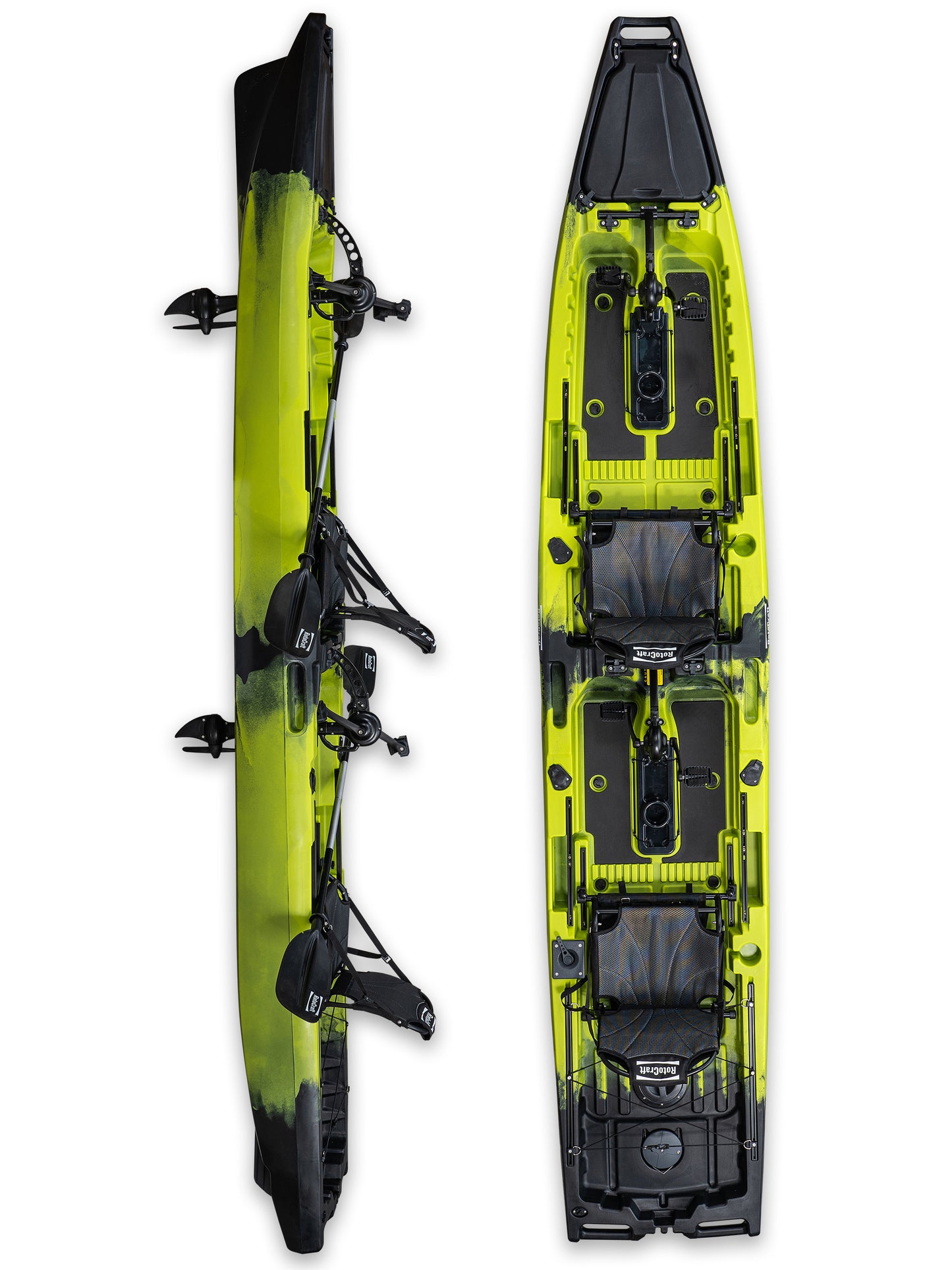 RotoCraft 14 foot Pro Tandem Pedal Kayak, overhead and side views- gecko
