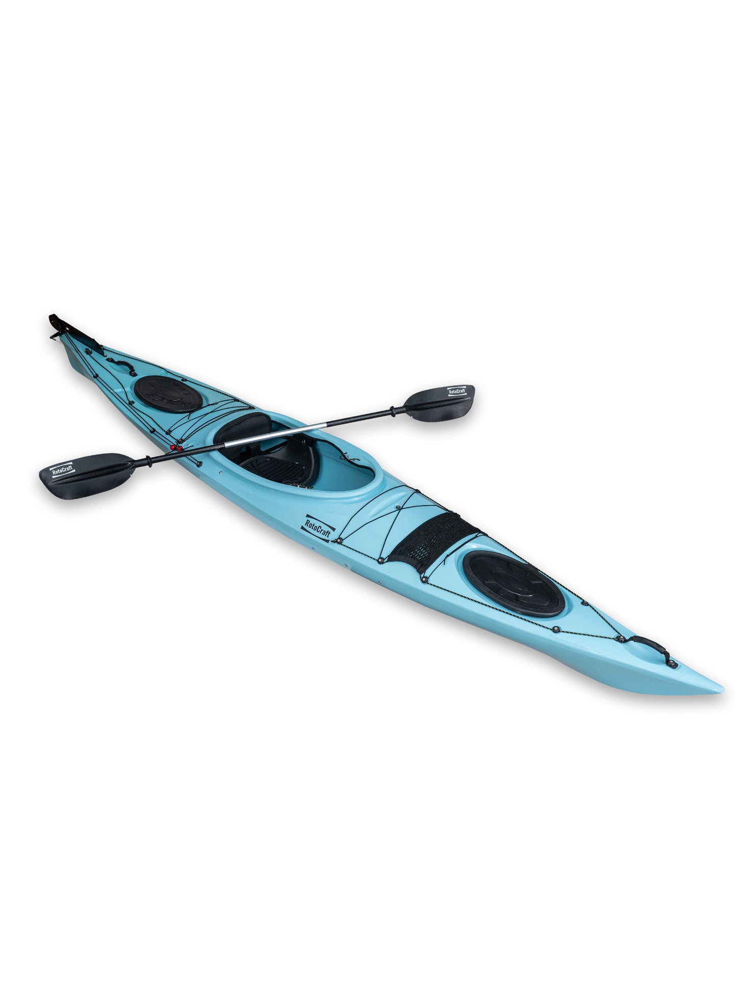 RotoCraft 14 foot single sit-in kayak, angle view with paddle - glacier