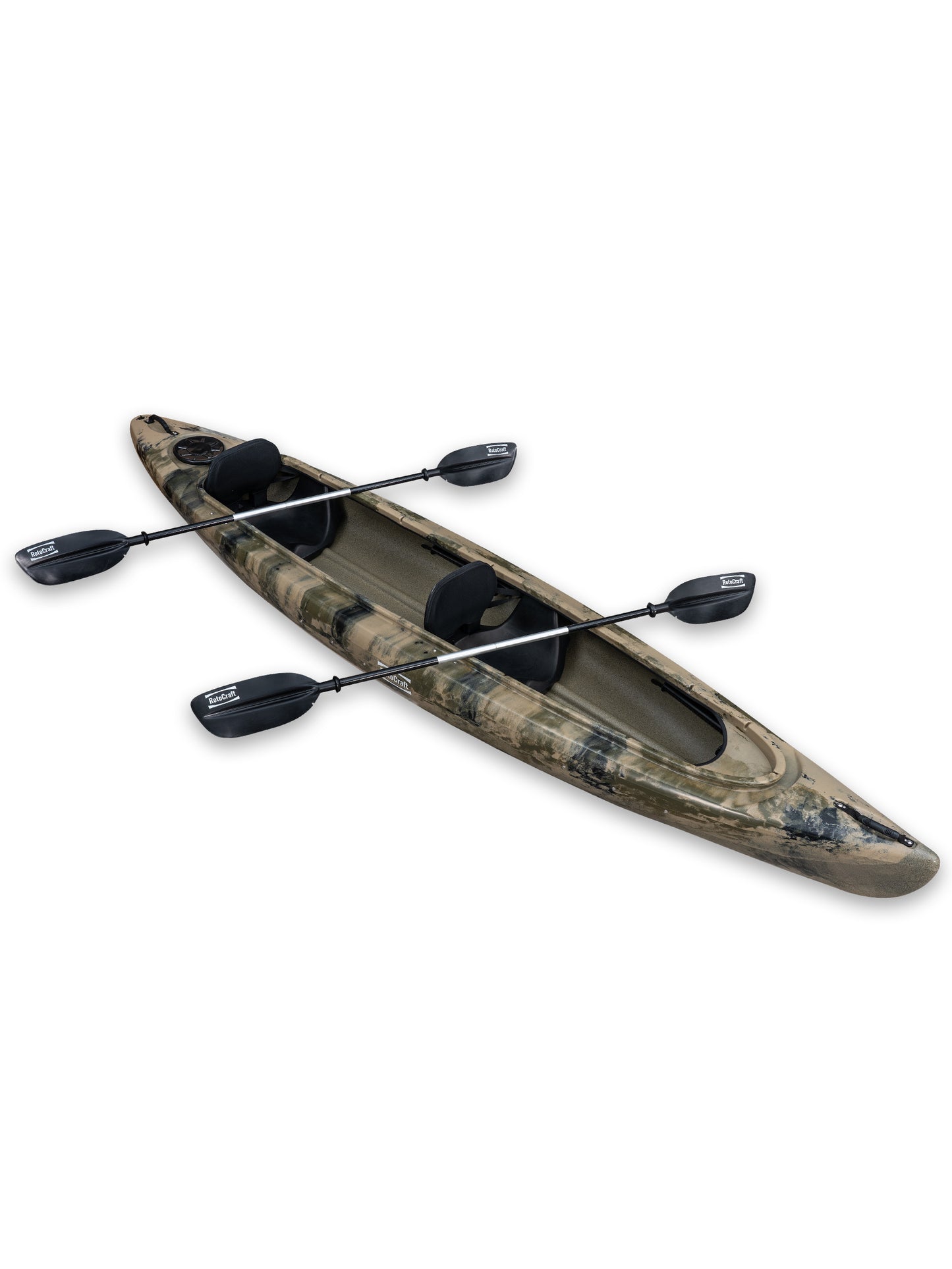 RotoCraft 14 foot tandem sit-in kayak, angle view with paddles - camouflage