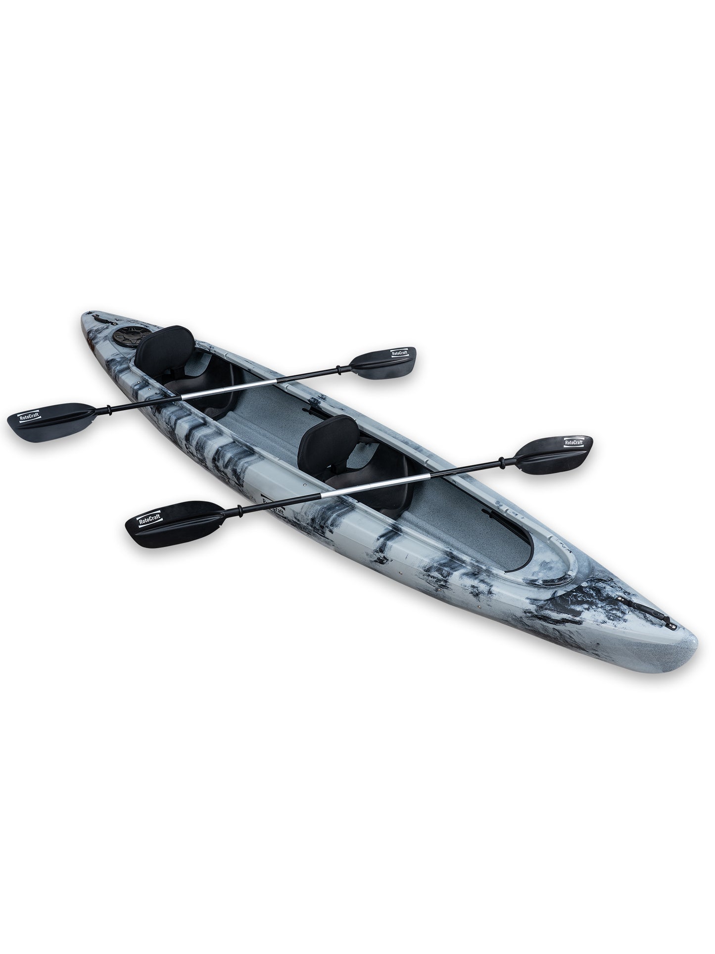 RotoCraft 14 foot tandem sit-in kayak, angle view with paddles - granite