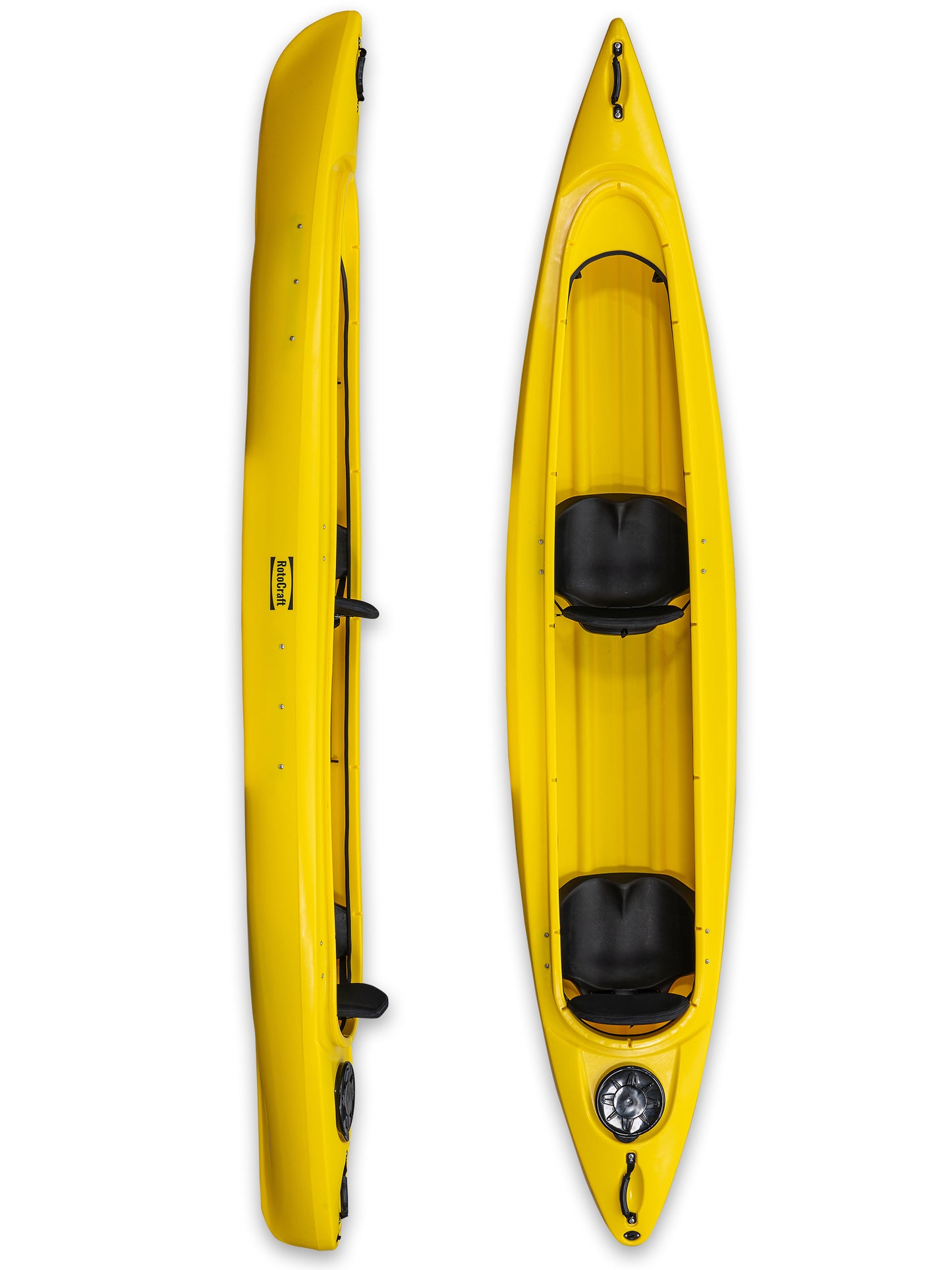 RotoCraft 14 foot tandem sit-in kayak, vertical and side views - solar yellow