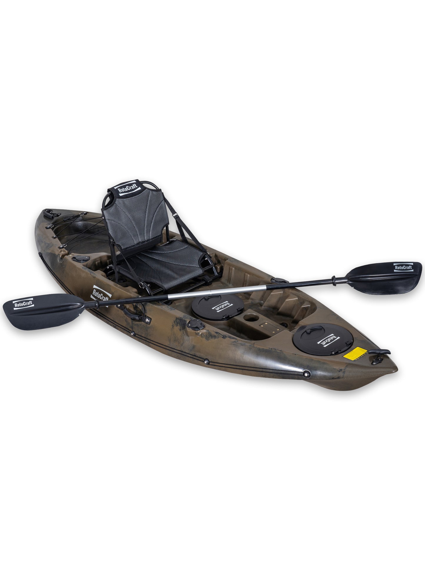 RotoCraft 9 foot single kayak, angle view with paddle - camouflage