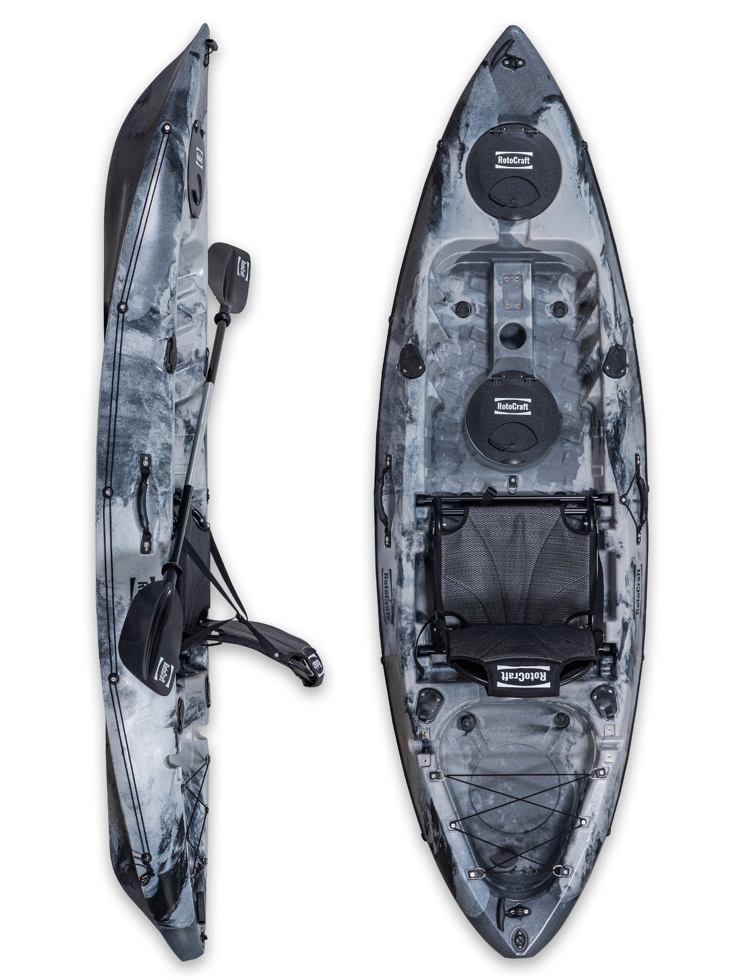 RotoCraft 9 foot single kayak, vertical and side views - granite grey with black accent