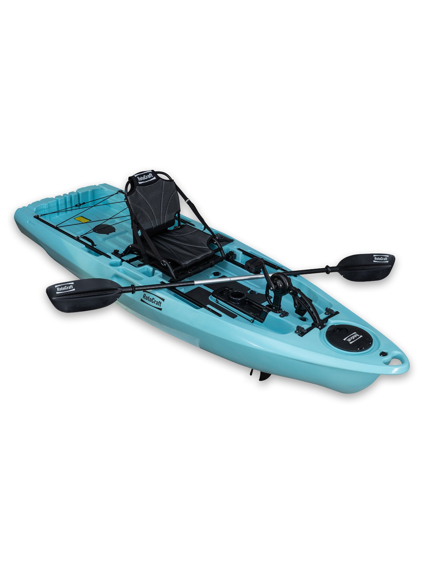 RotoCraft 9.5 foot single pedal drive kayak, angle view with paddle - glacier blue