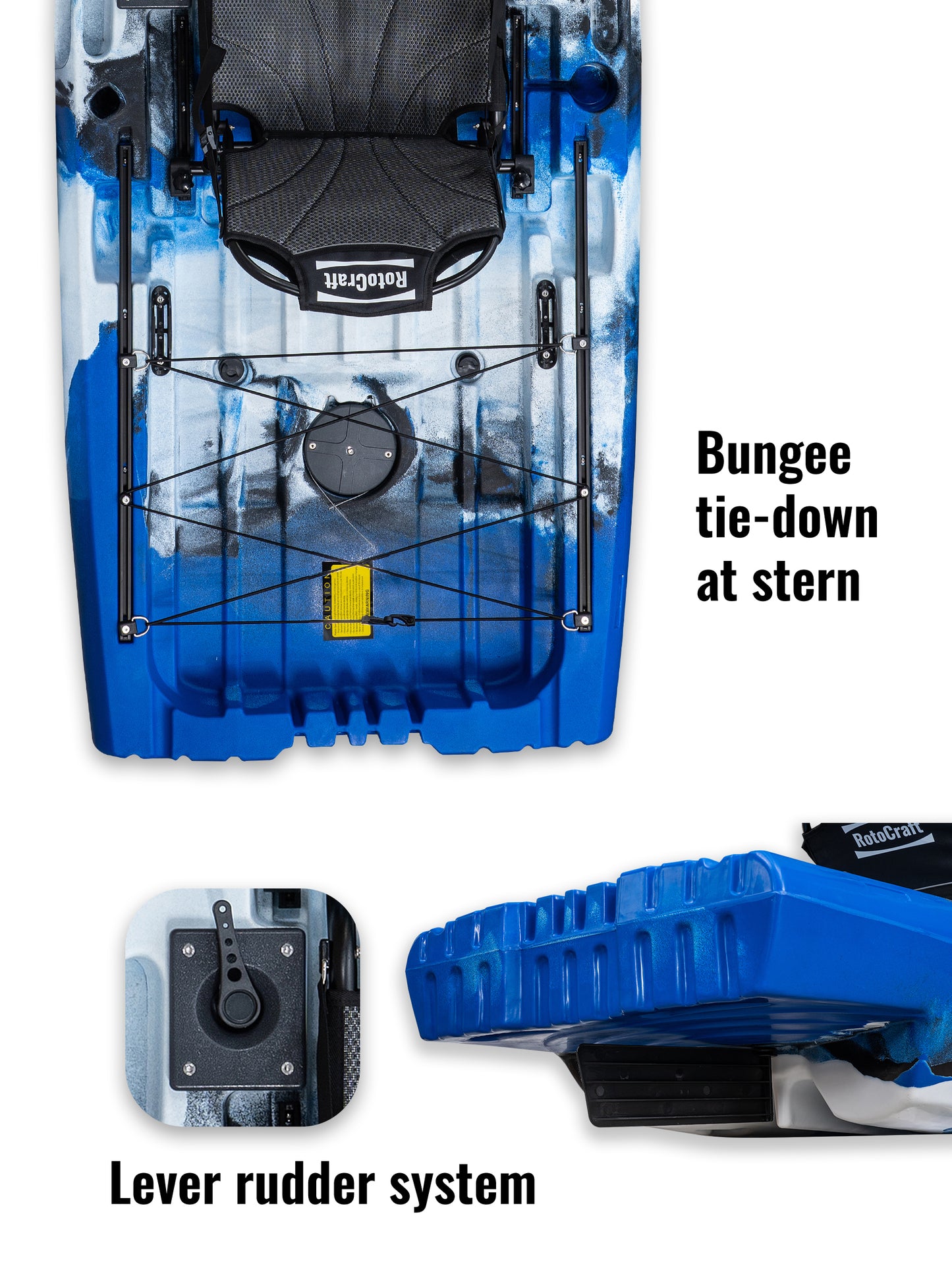 RotoCraft 9.5 foot single pedal drive kayak, bungee tie down system, lever rudder system - oceana blue with white