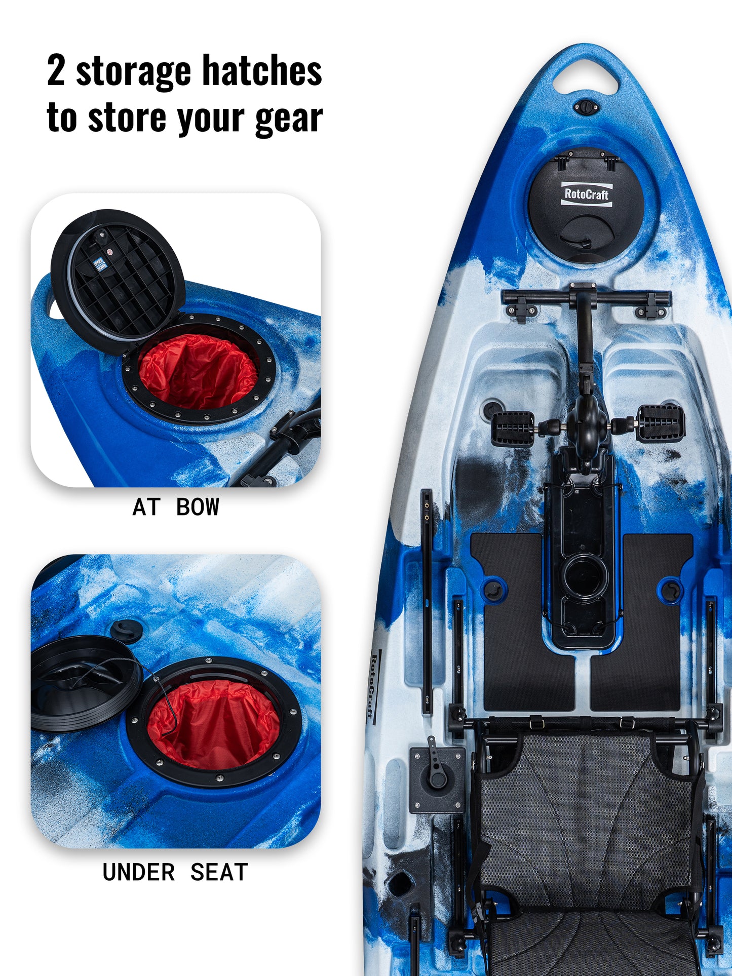 RotoCraft 9.5 foot single pedal drive kayak, storage hatches - oceana blue with white