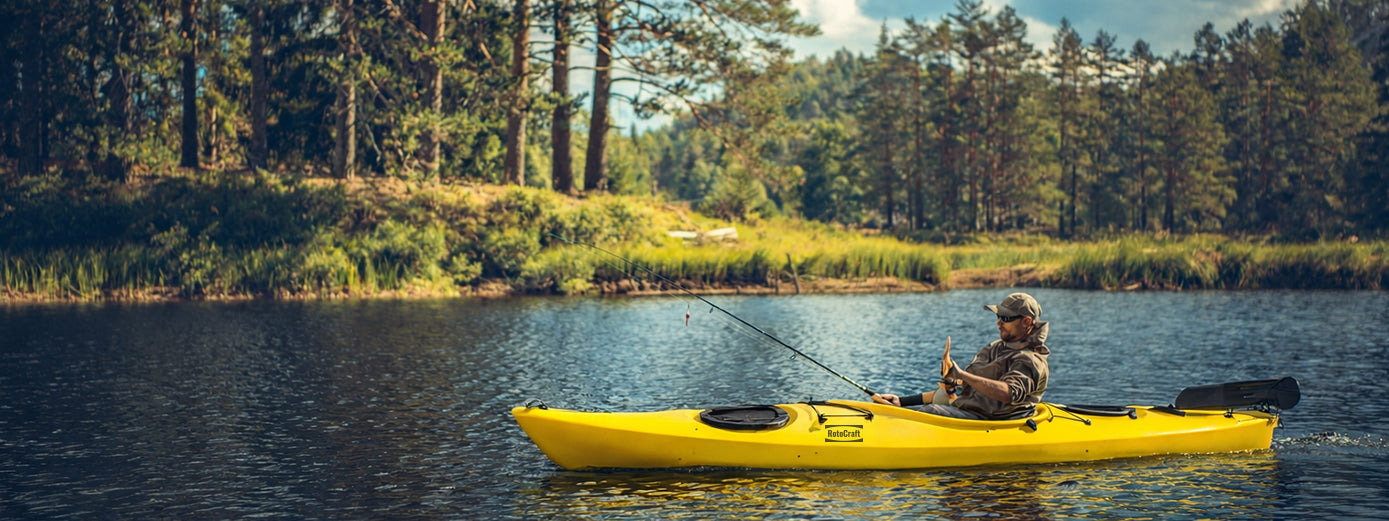 sit-in fishing and recreation kayak on a peaceful lake