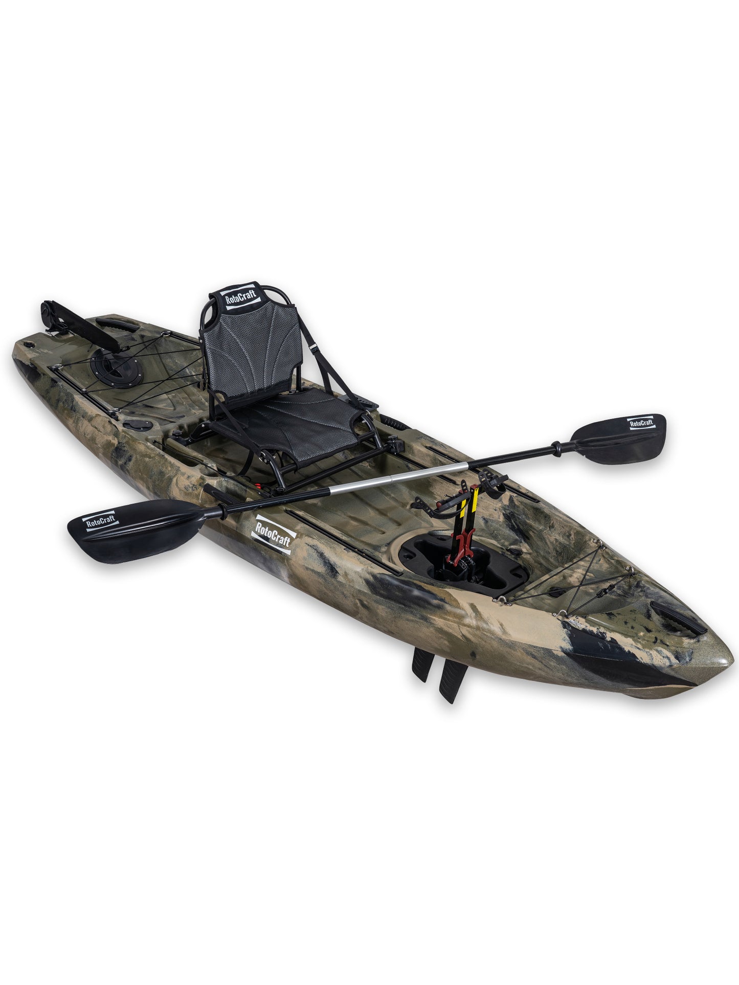 RotoCraft 10 foot single flipper pedal drive kayak, angle view with paddle - camouflage