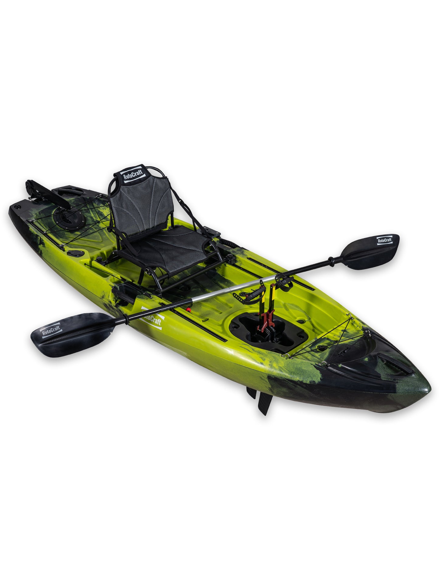 RotoCraft 10 foot single flipper pedal drive kayak, angle view with paddle - gecko lime green with black accent