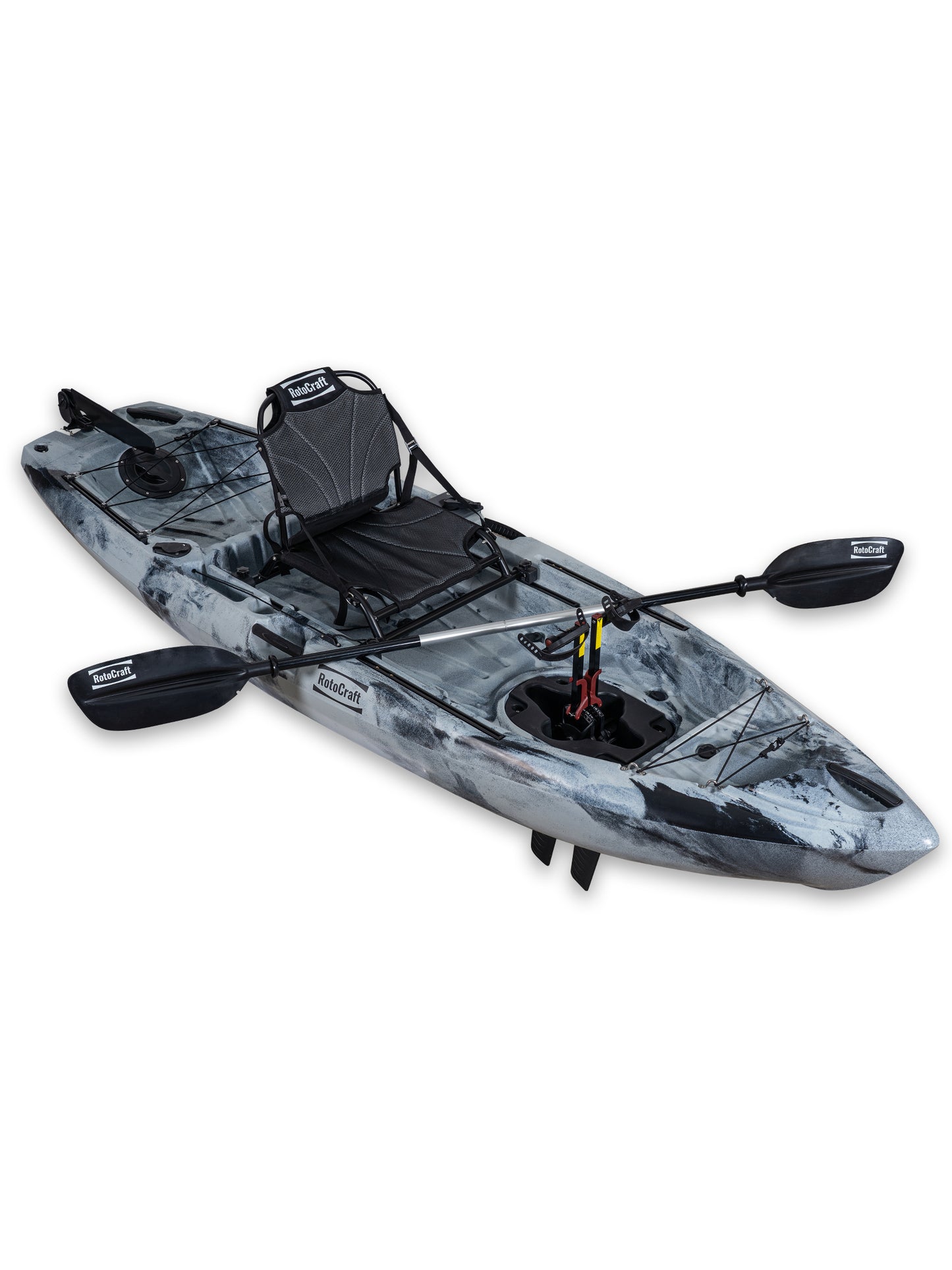 RotoCraft 10 foot single flipper pedal drive kayak, angle view with paddle - granite grey with black accent