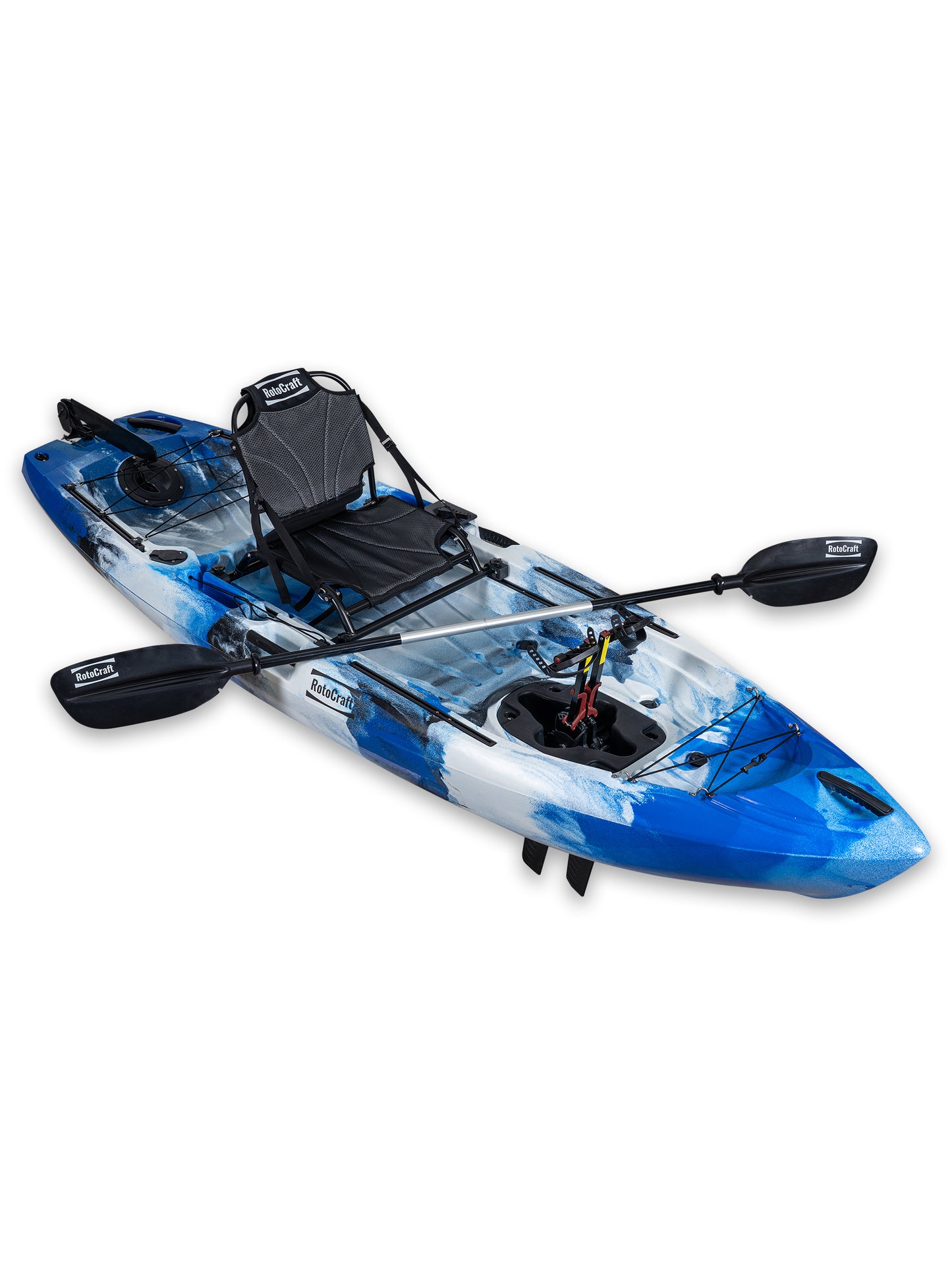 
RotoCraft 10 foot single flipper pedal drive kayak, angle view with paddle - oceana blue and white